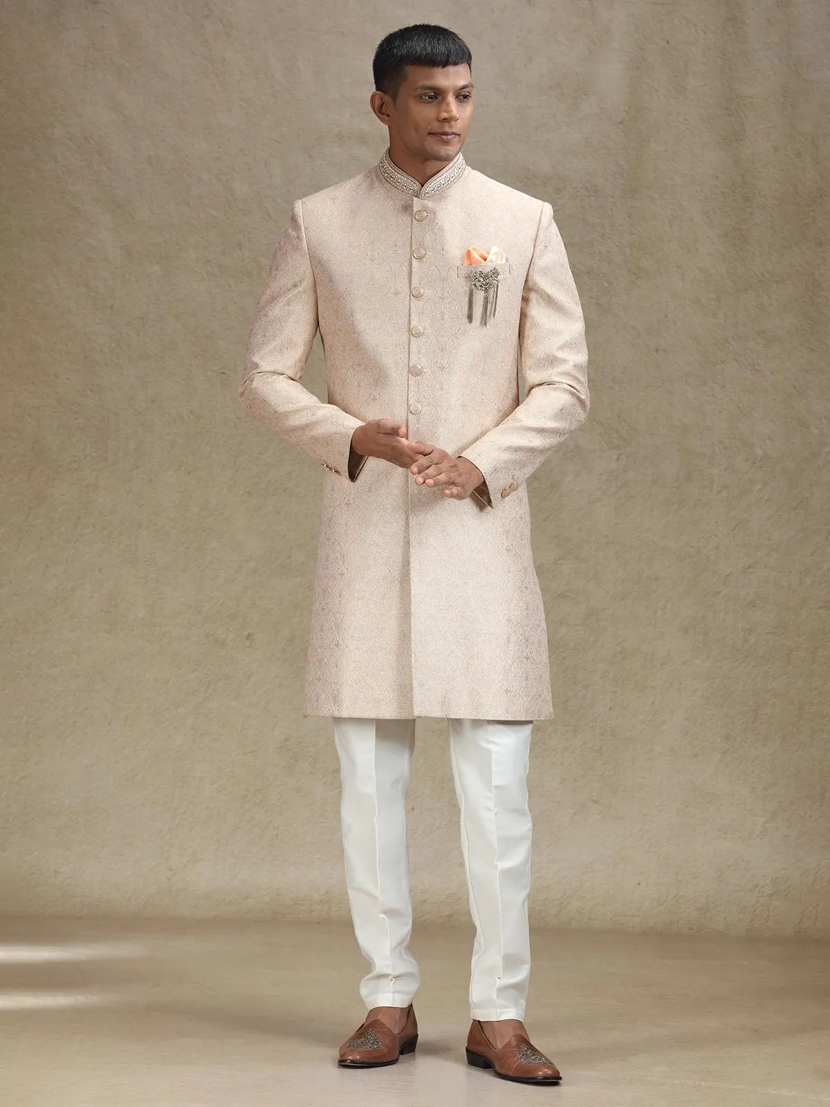 Peach indo western in zari jacquard fabric