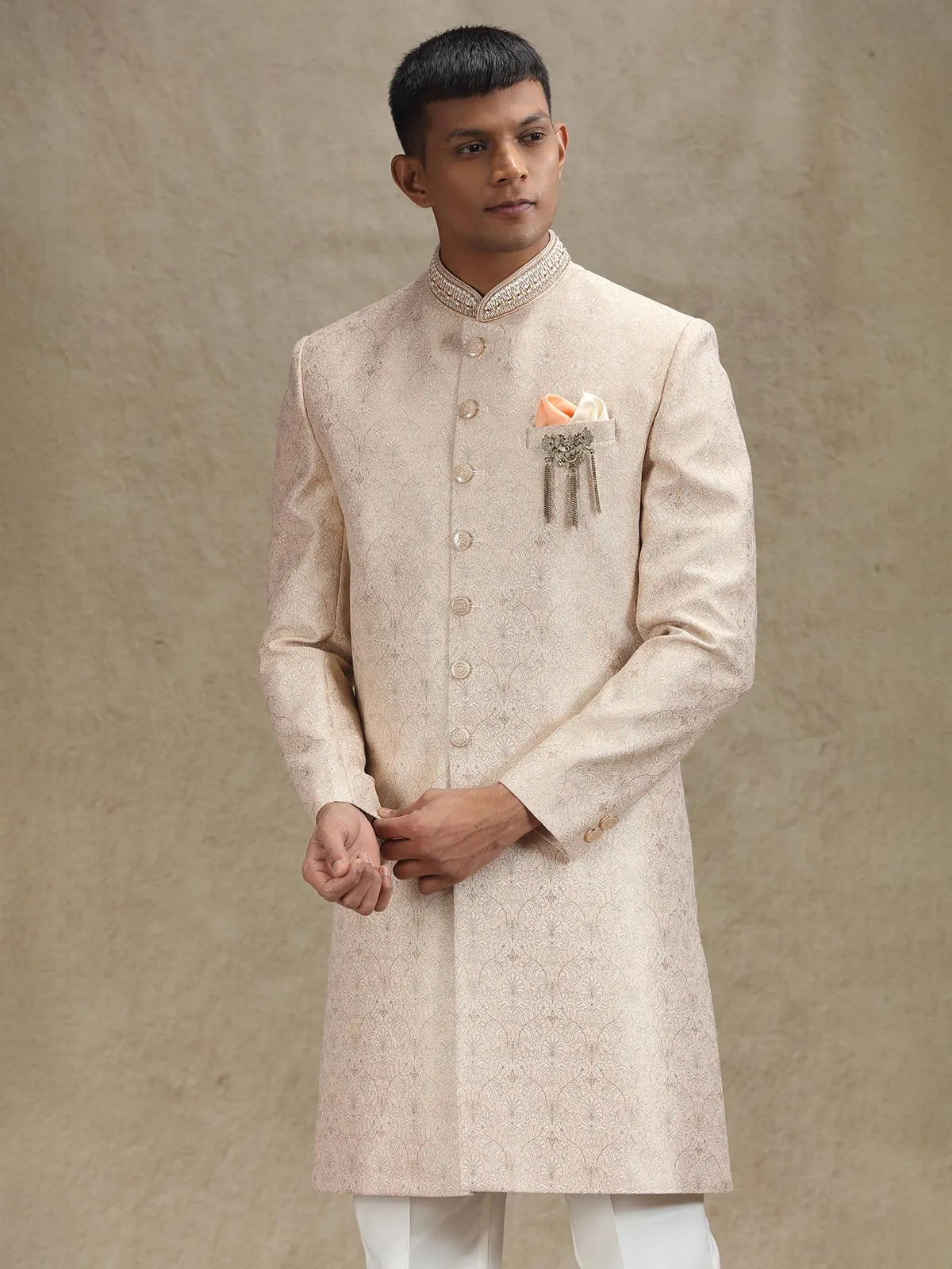 Peach indo western in zari jacquard fabric