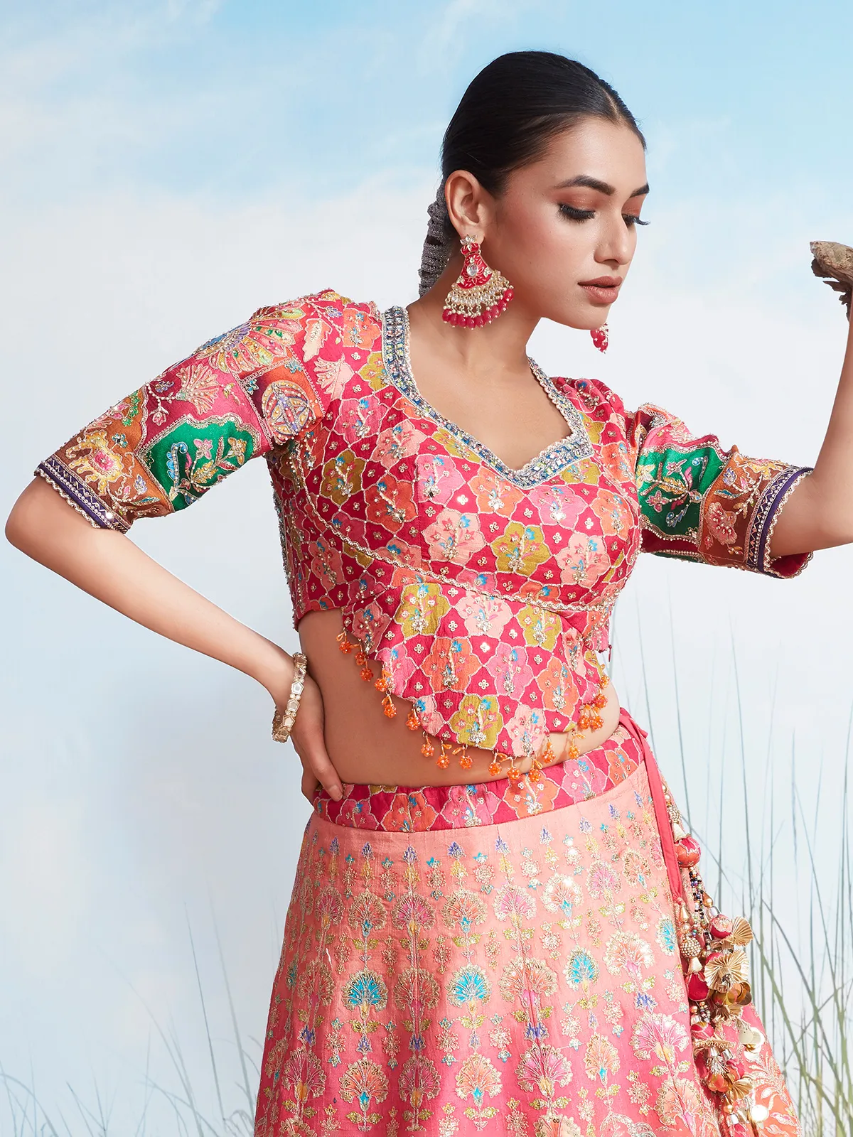 Pink printed silk lehenag choli for women wedding wear