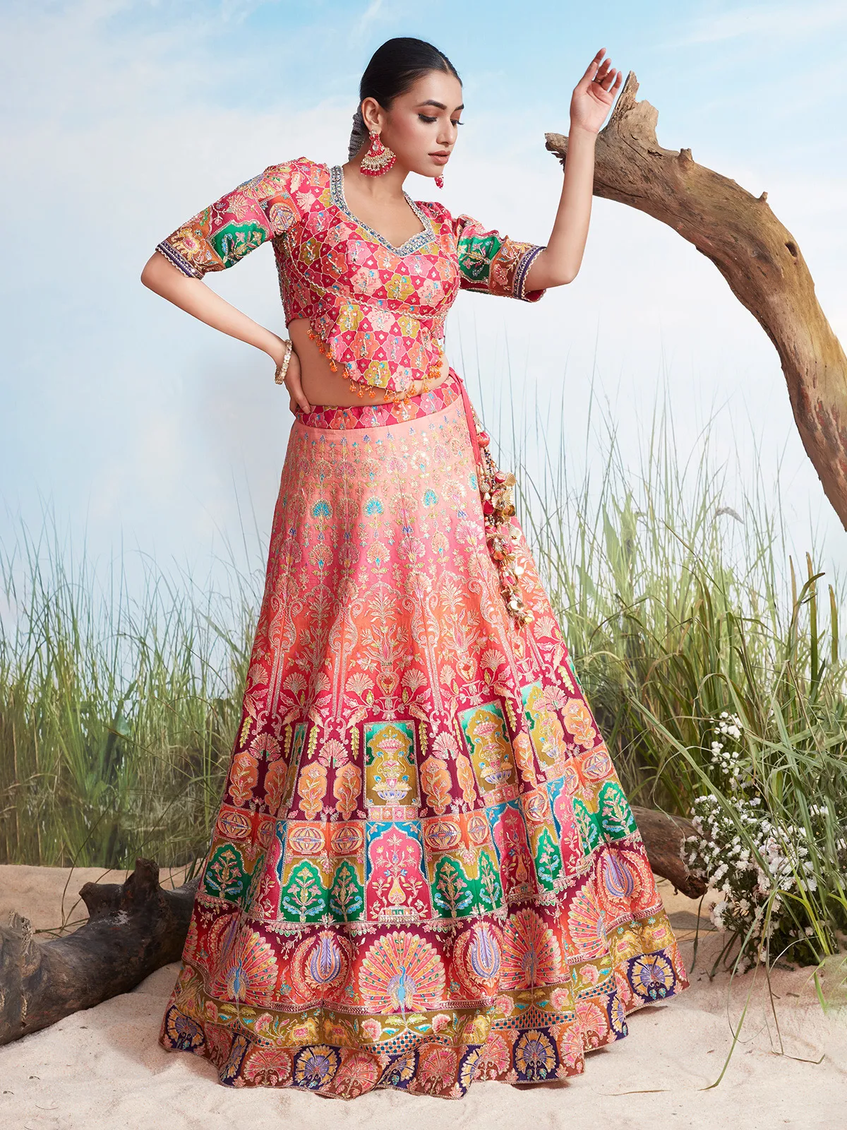 Pink printed silk lehenag choli for women wedding wear