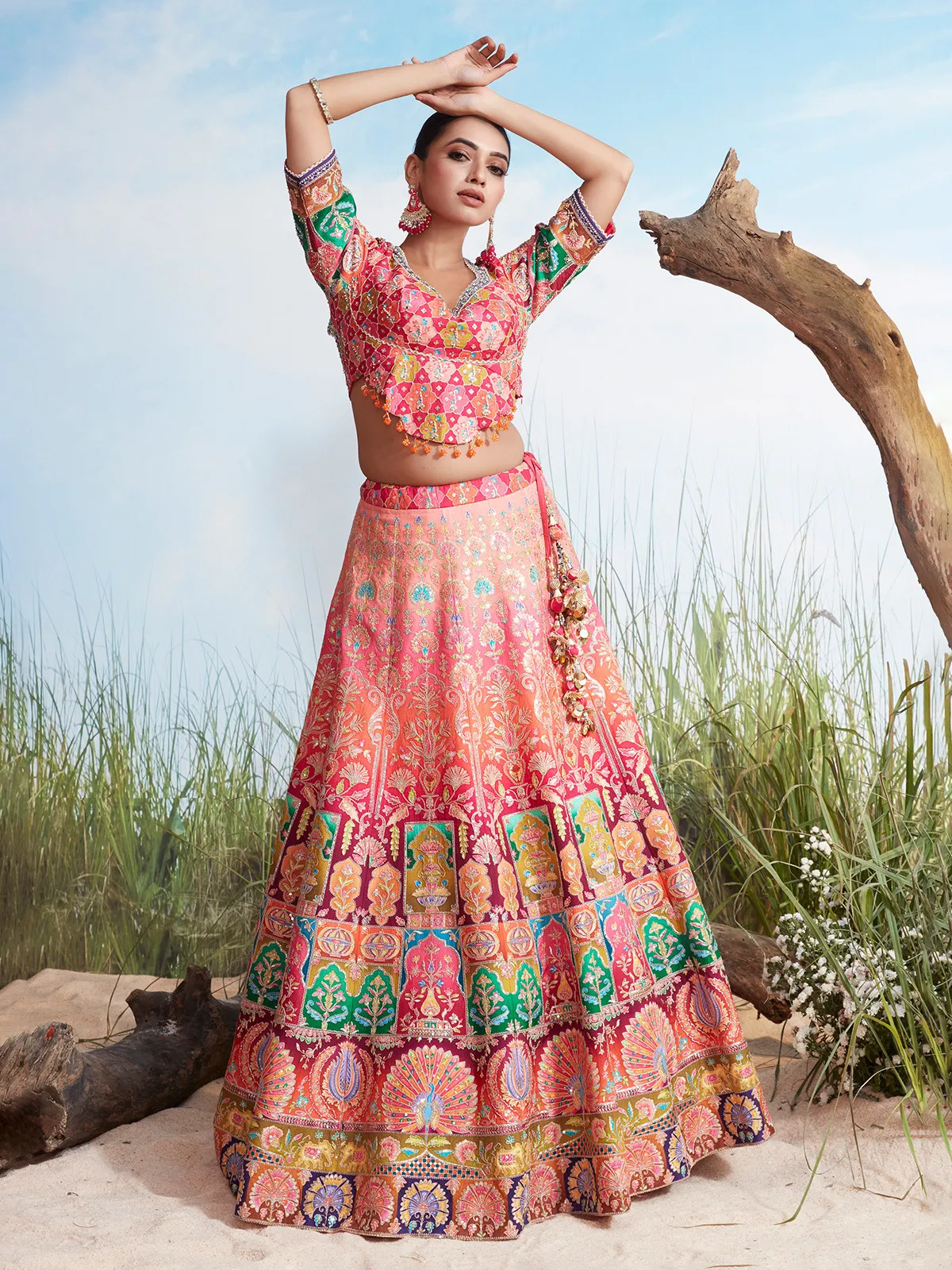 Pink printed silk lehenag choli for women wedding wear