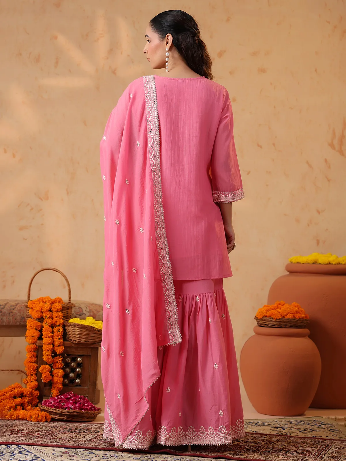 Pink silk festive sharara set with embroidery embellishments