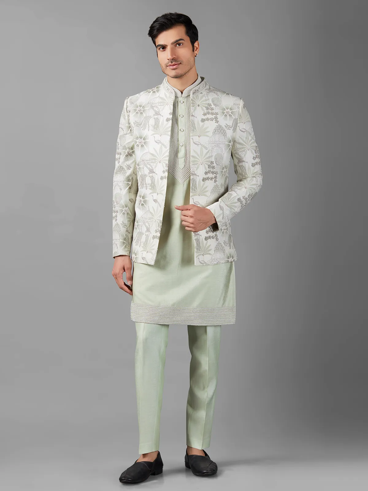 Pista green silk embroidery indowestern