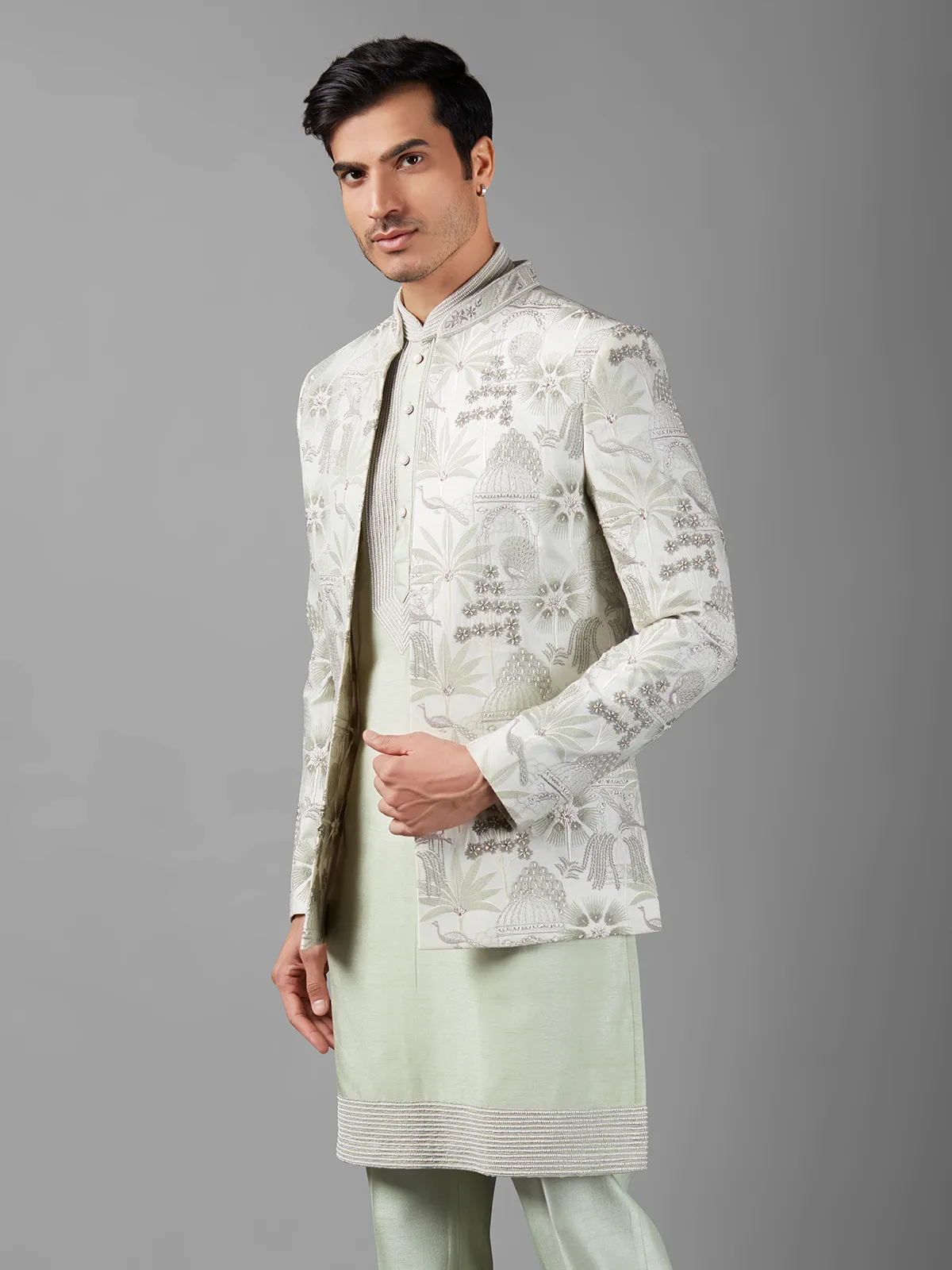 Pista green silk embroidery indowestern