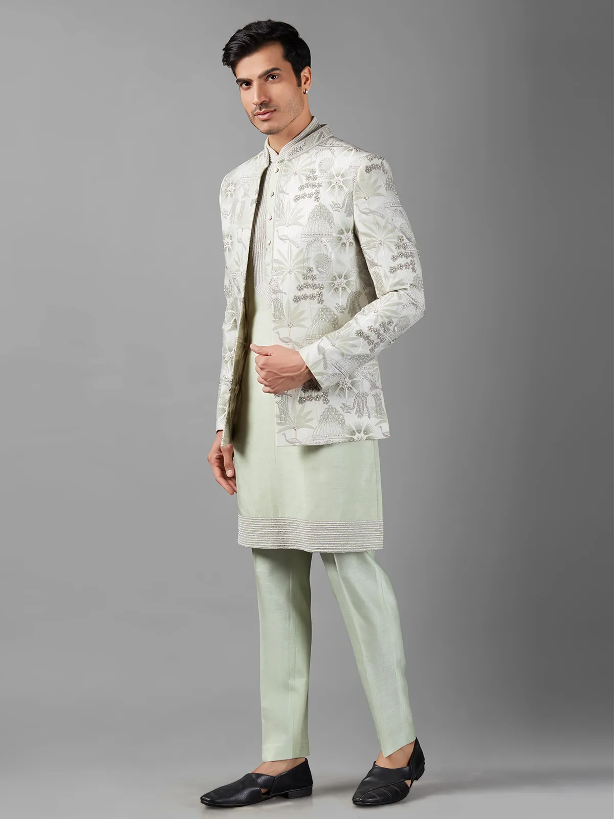 Pista green silk embroidery indowestern