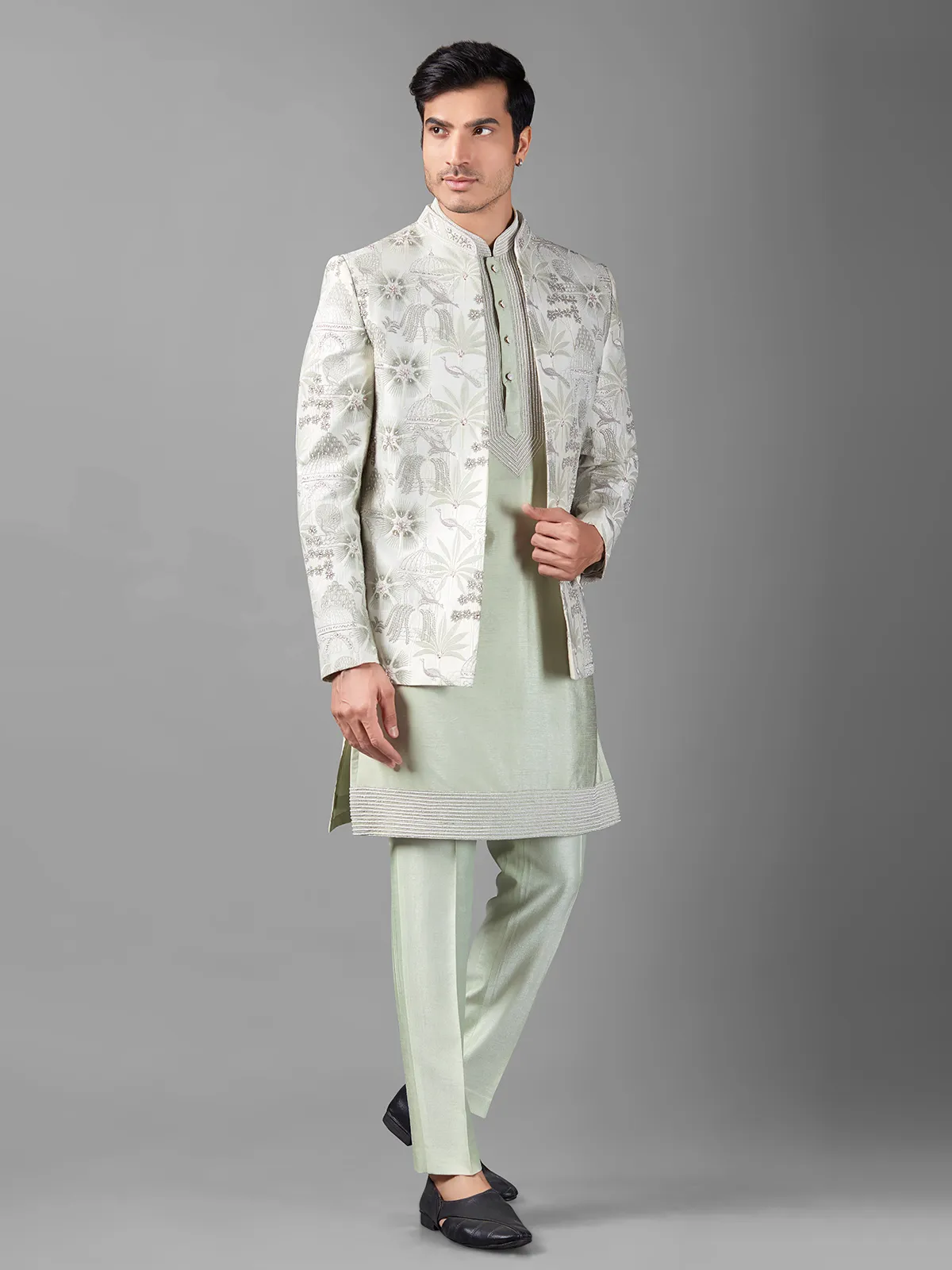 Pista green silk embroidery indowestern