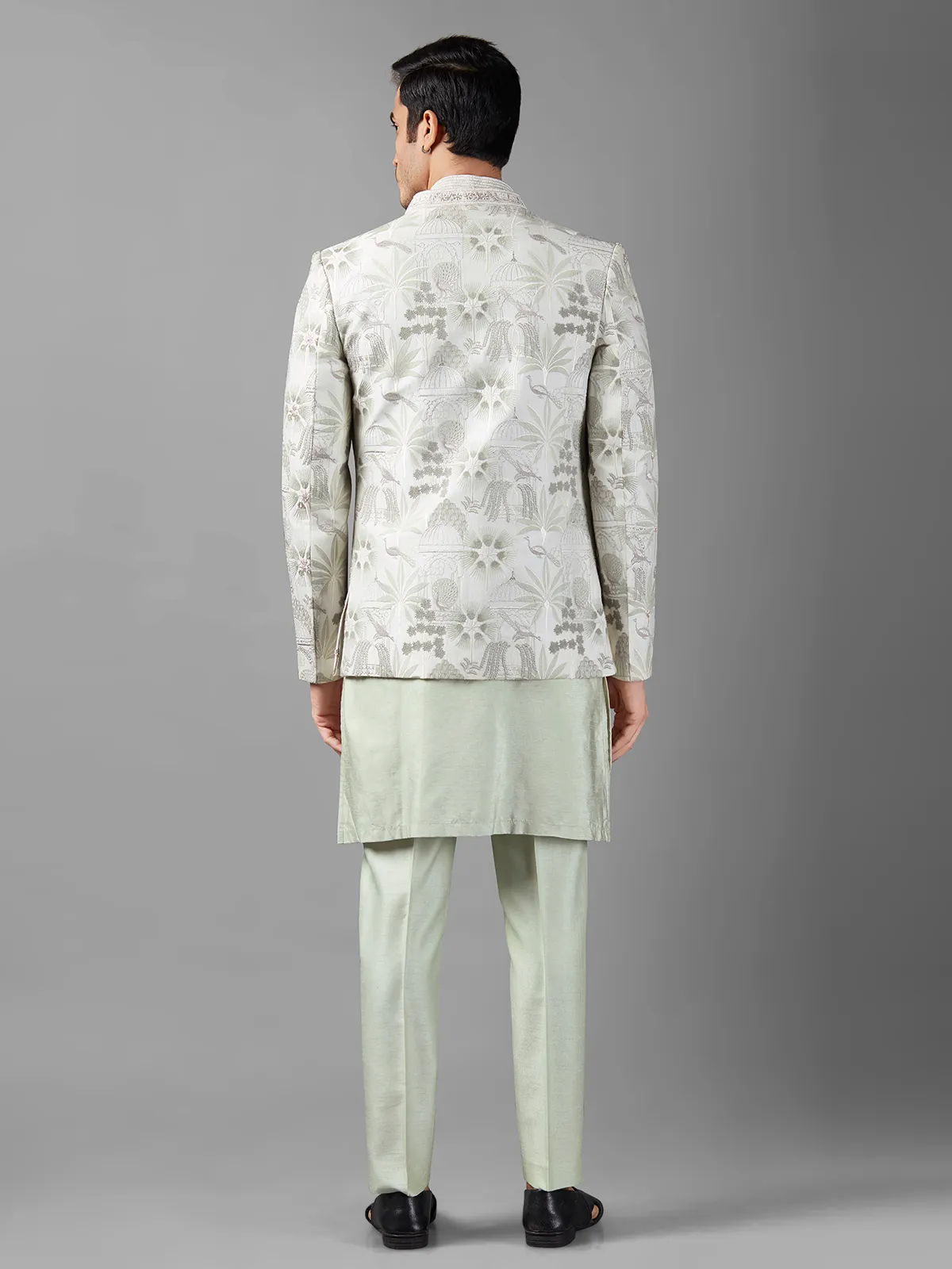 Pista green silk embroidery indowestern