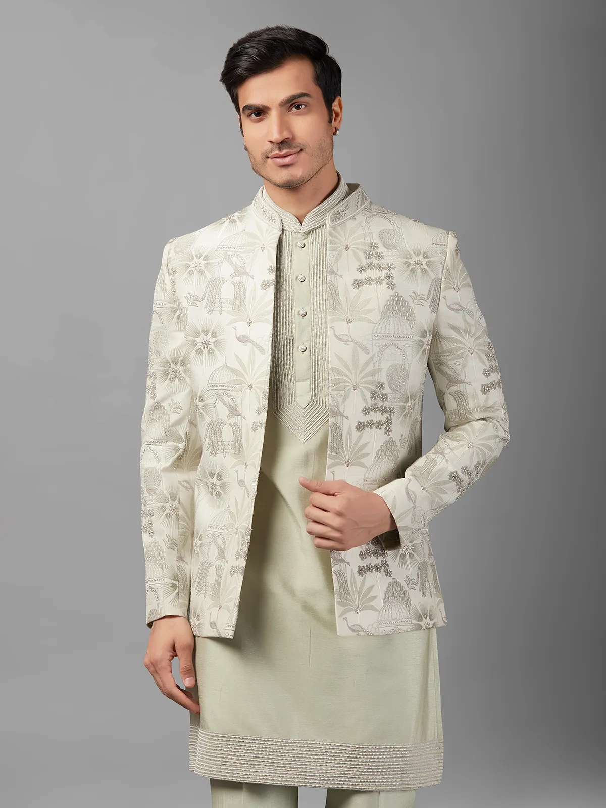 Pista green silk embroidery indowestern