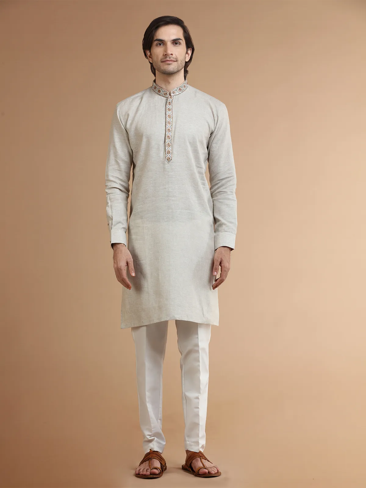 Plain linen beige  Men Kurta pajama