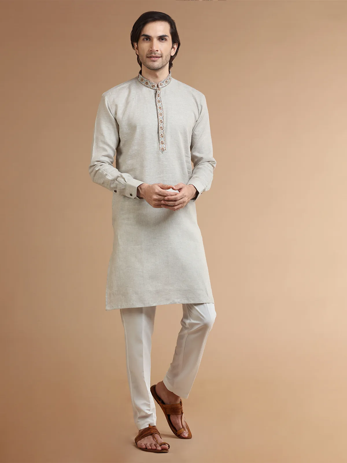 Plain linen beige  Men Kurta pajama