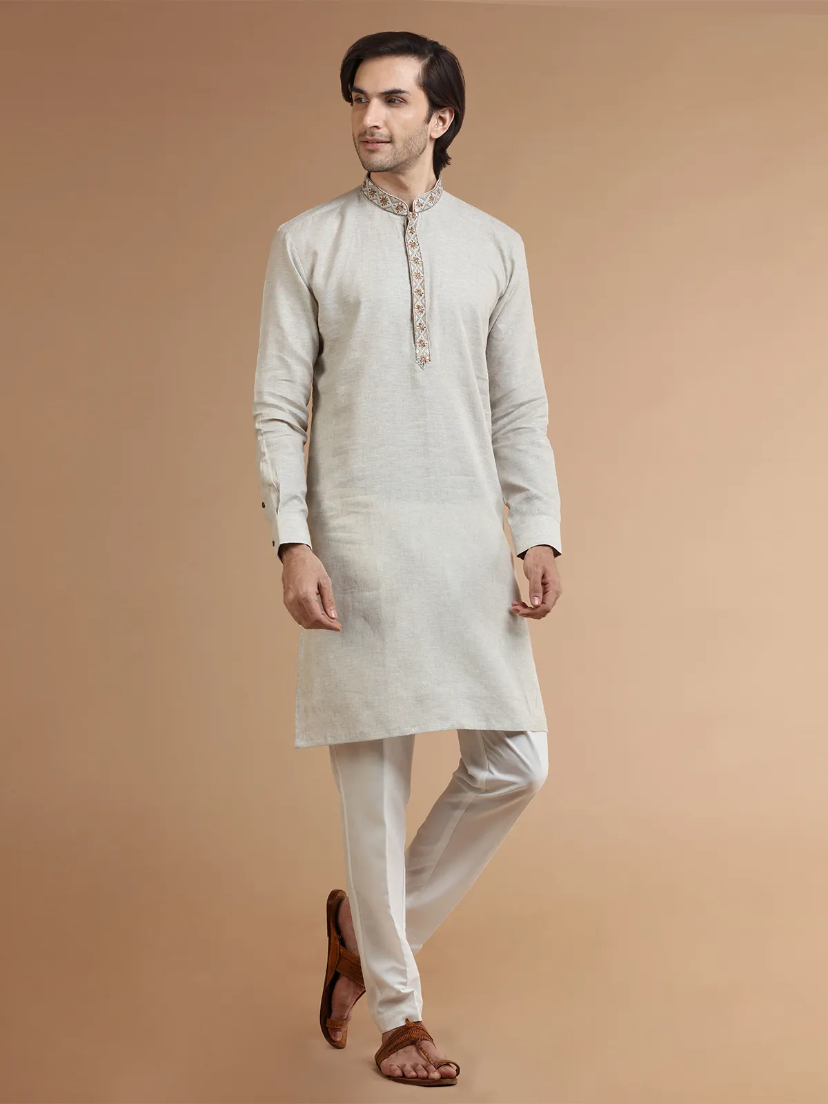 Plain linen beige  Men Kurta pajama