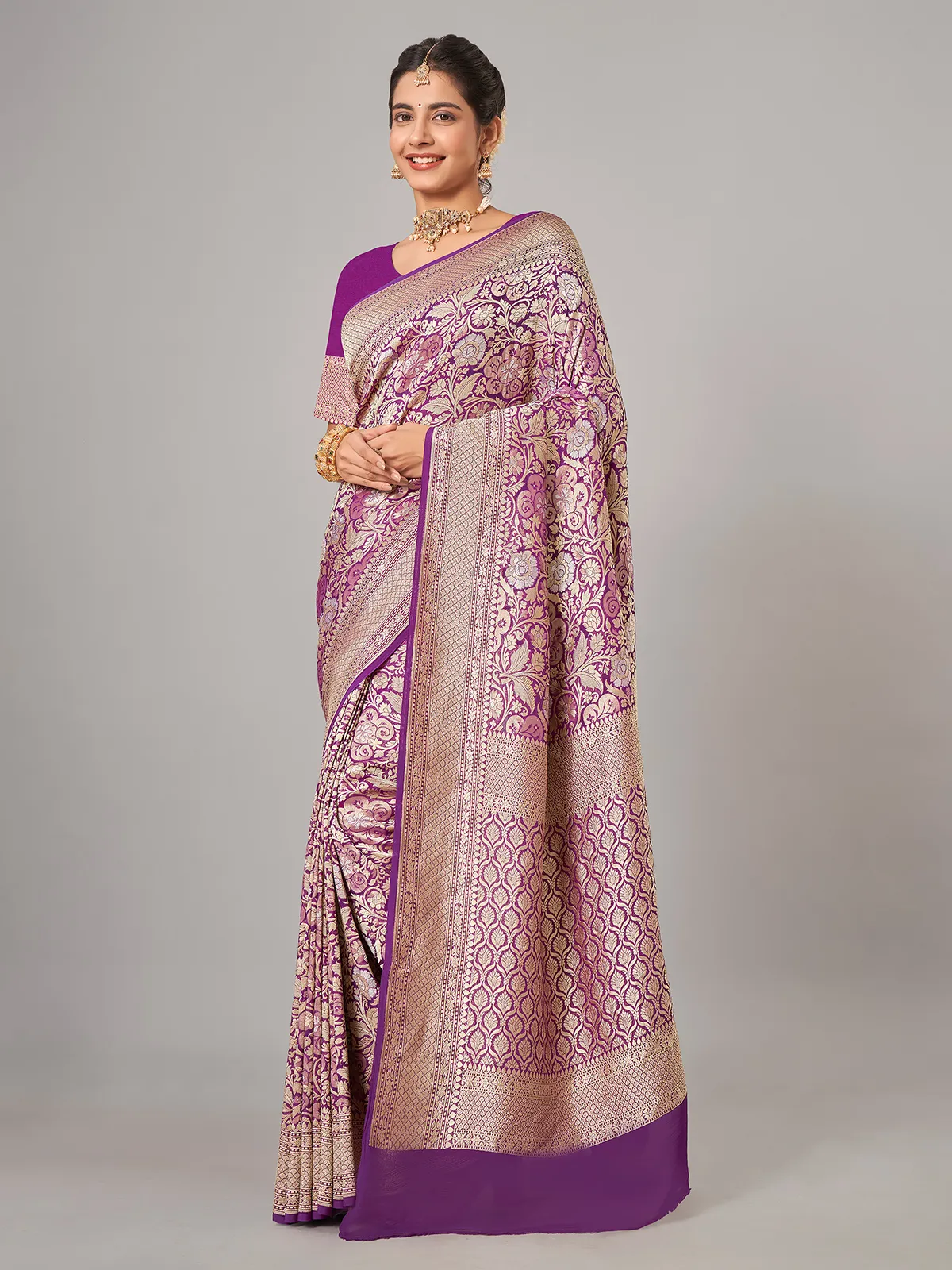 Purple banarsi georgette zari weaving saree
