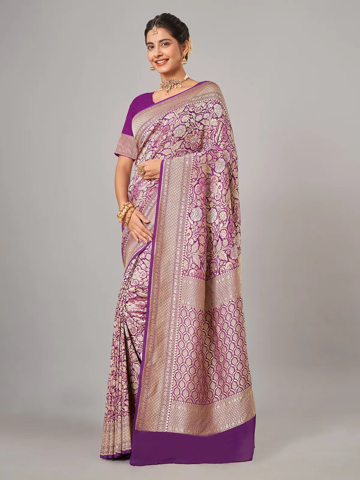 Purple banarsi georgette zari weaving saree