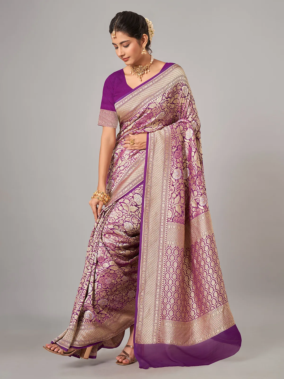 Purple banarsi georgette zari weaving saree