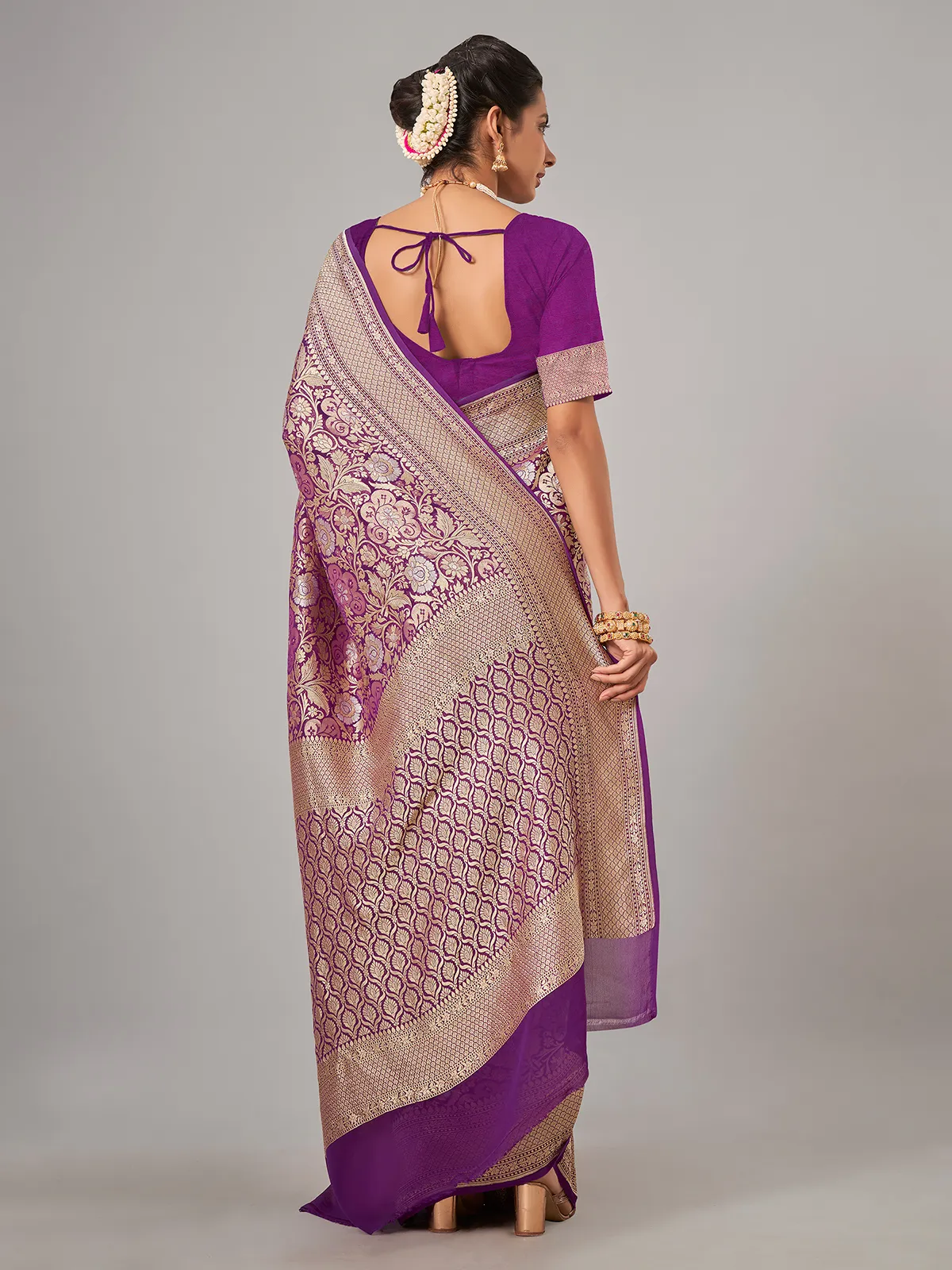 Purple banarsi georgette zari weaving saree