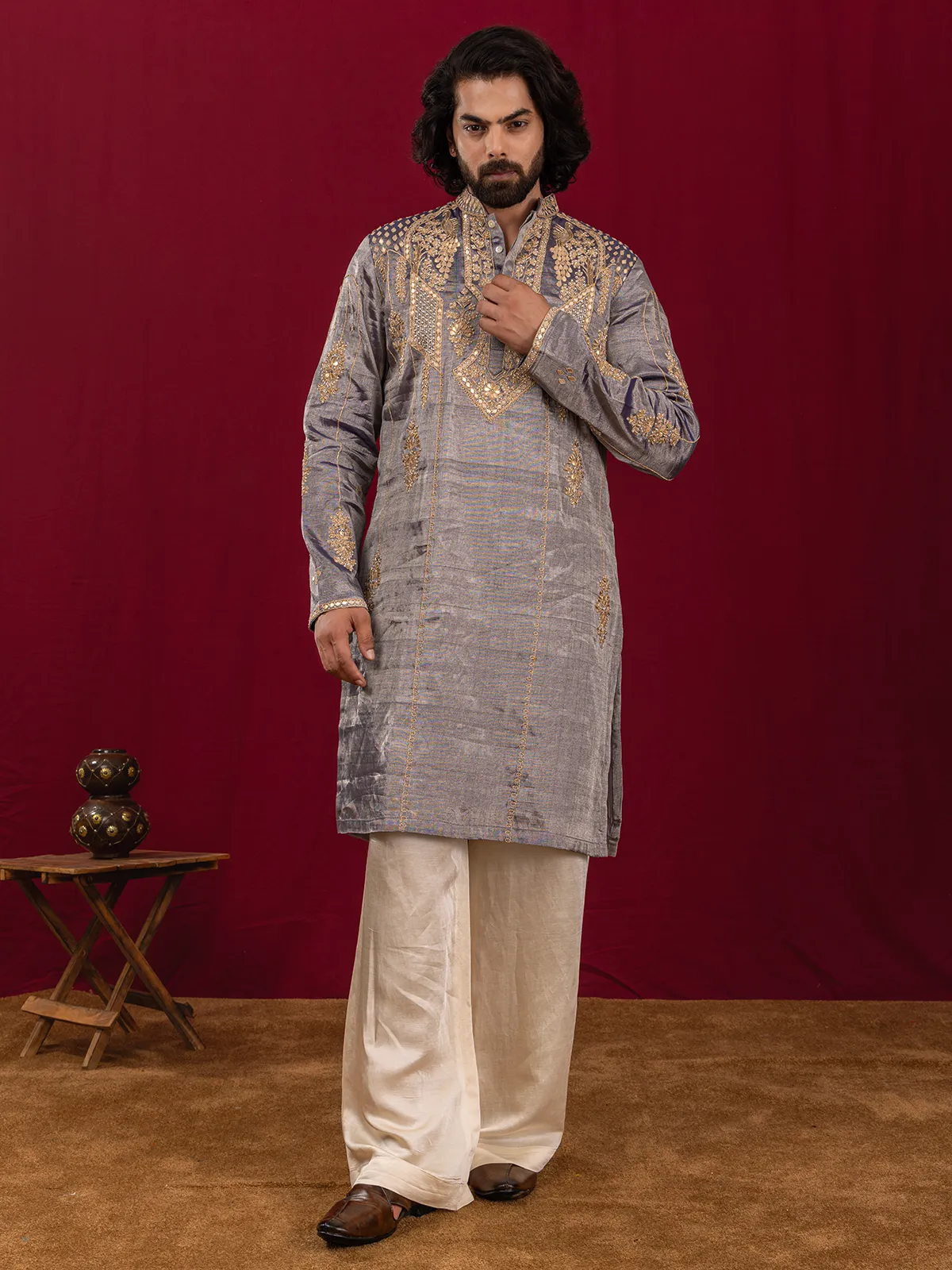 Purple cutdana worked kurta suit in premium silk