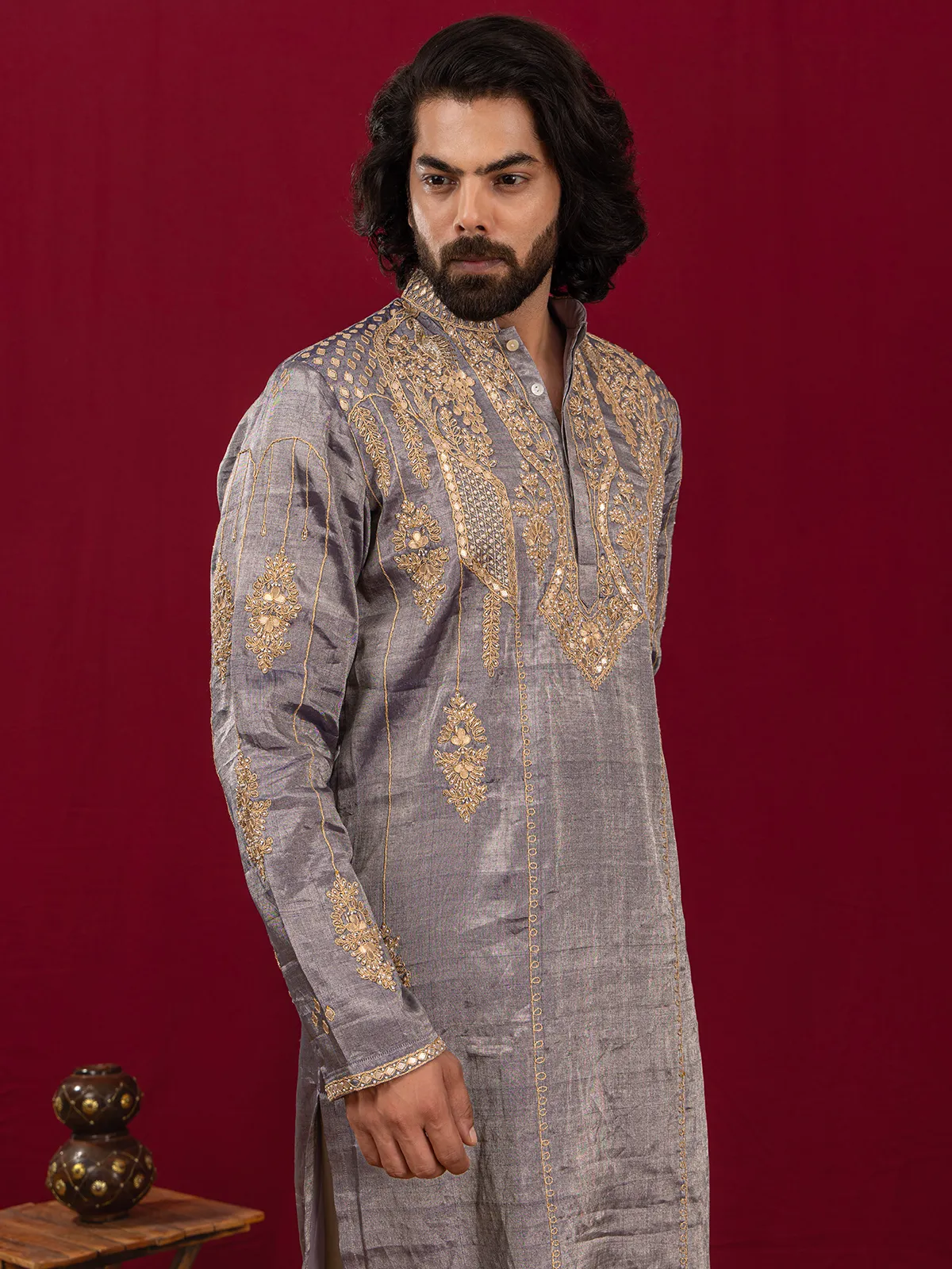Purple cutdana worked kurta suit in premium silk