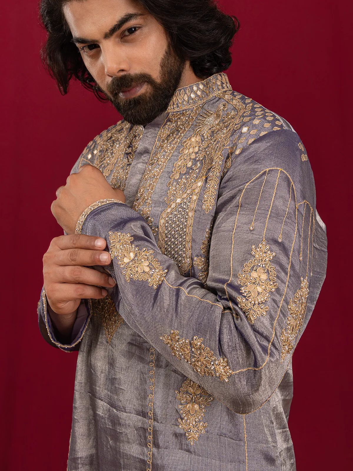 Purple cutdana worked kurta suit in premium silk