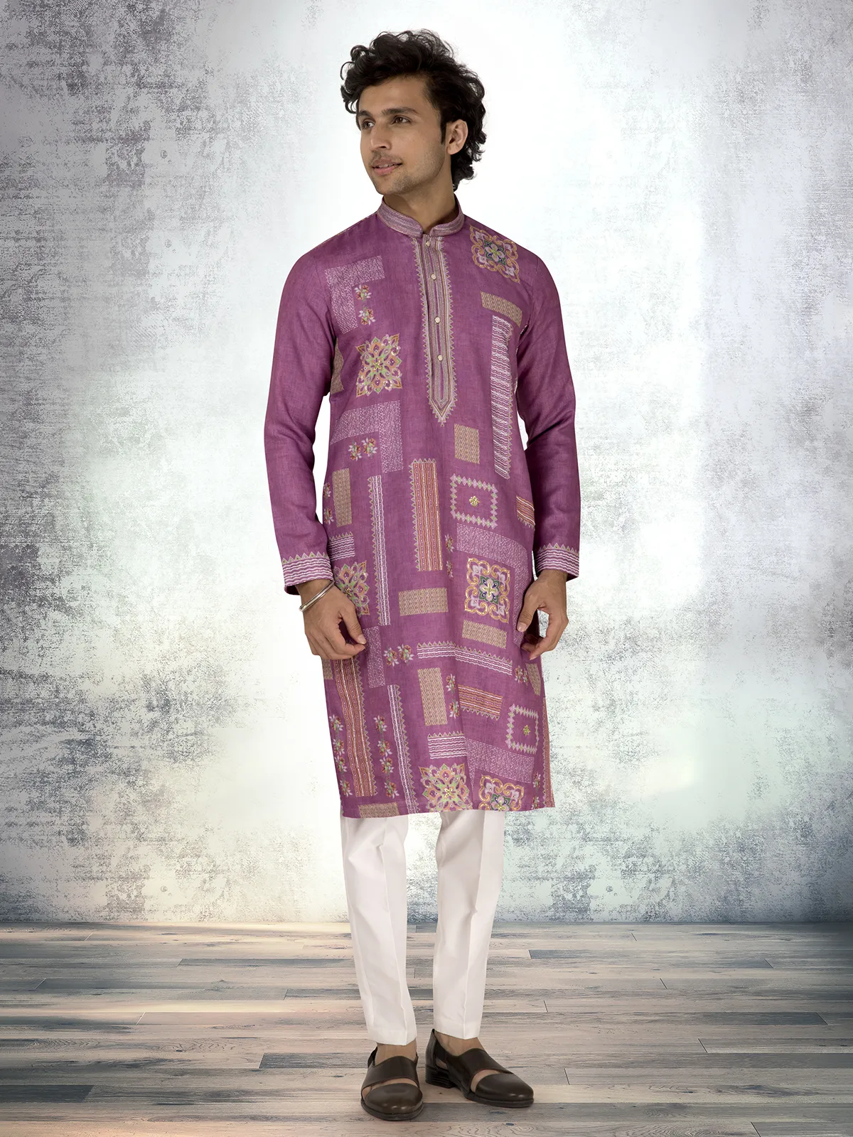 Purple linen cotton resham and sequins kurta suit