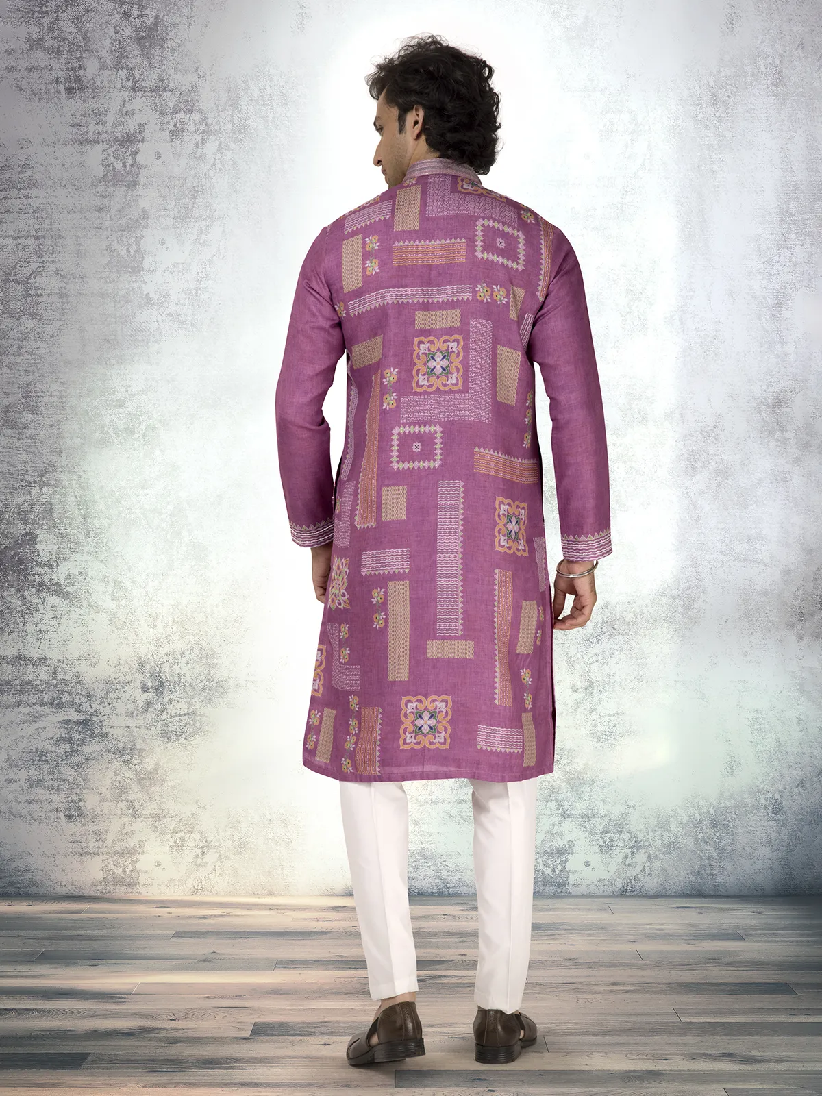 Purple linen cotton resham and sequins kurta suit