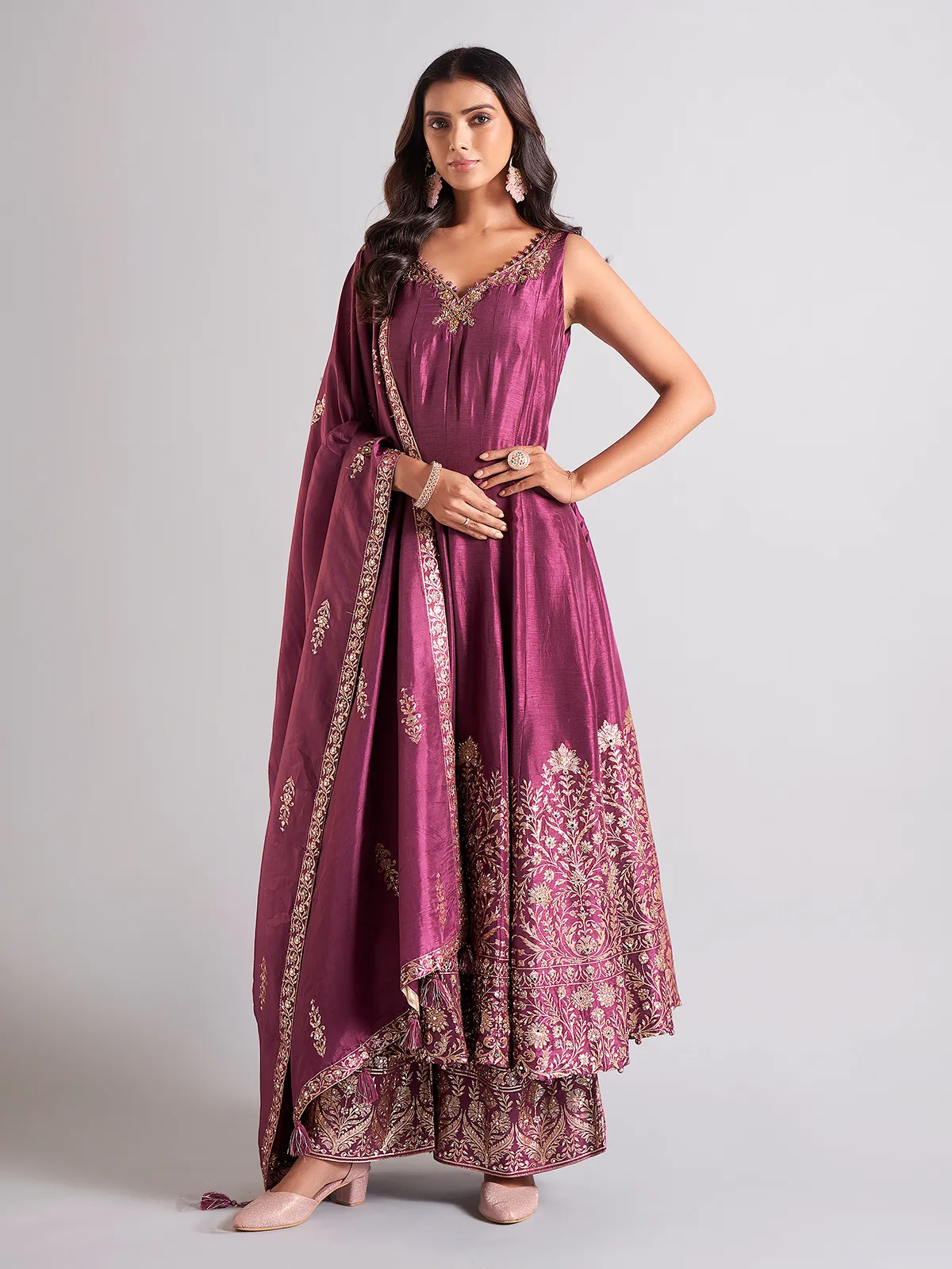 Purple palazzo salwar suit in raw silk