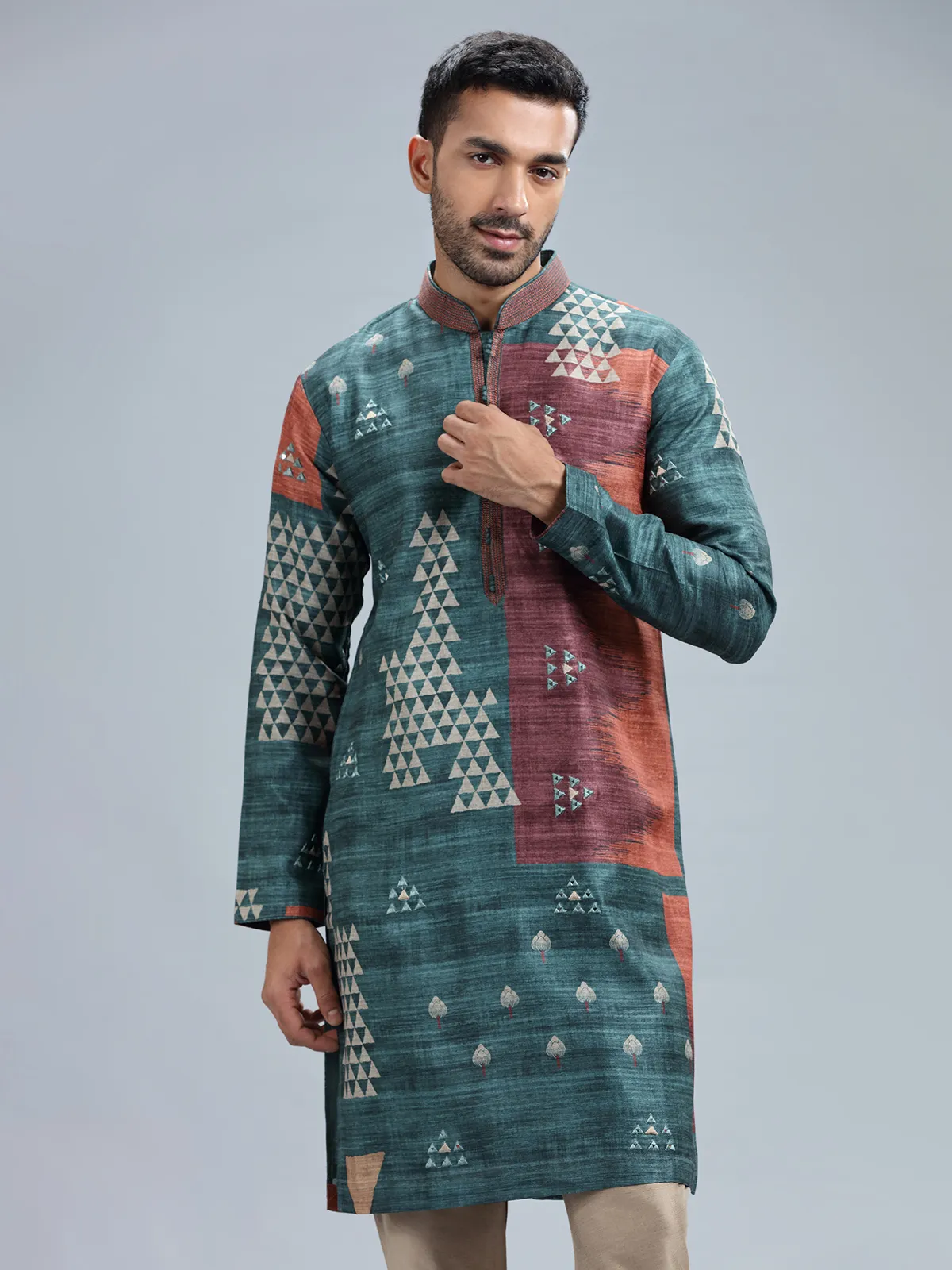 Rama blue cotton silk printed kurta set for men
