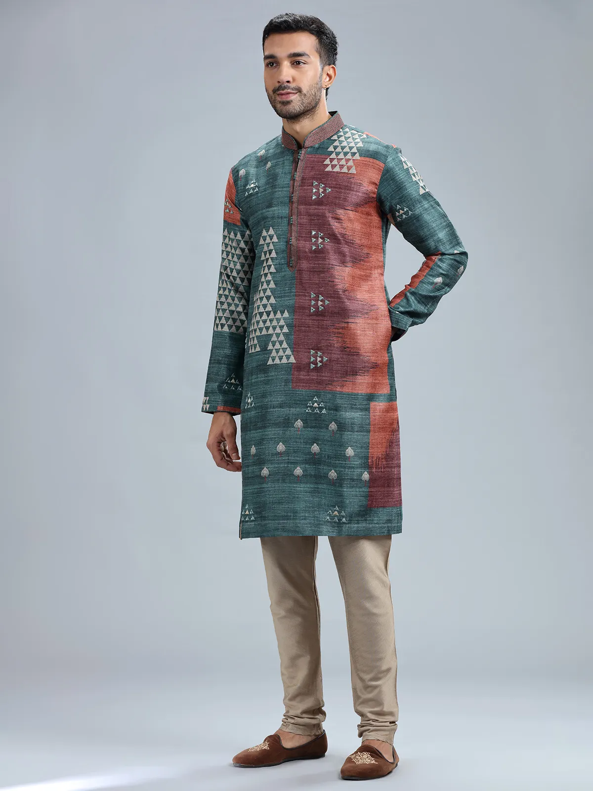 Rama blue cotton silk printed kurta set for men