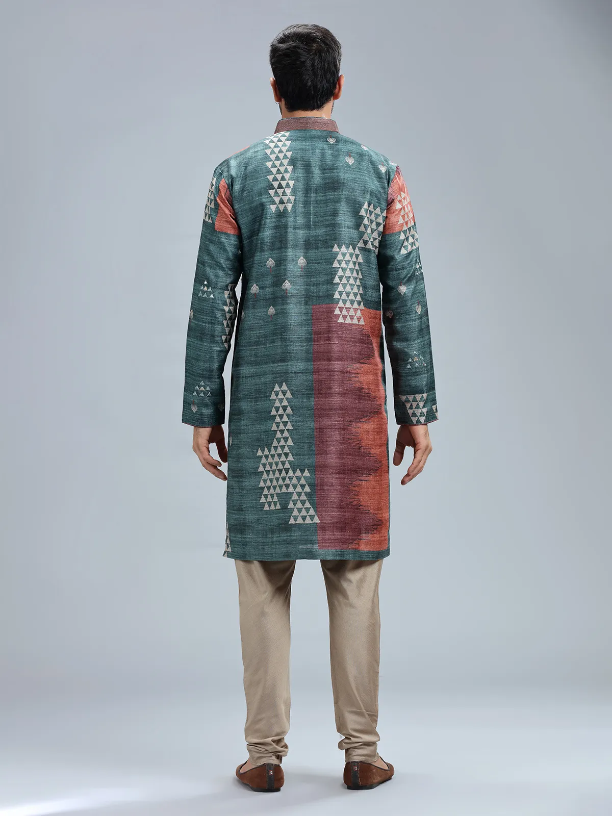 Rama blue cotton silk printed kurta set for men