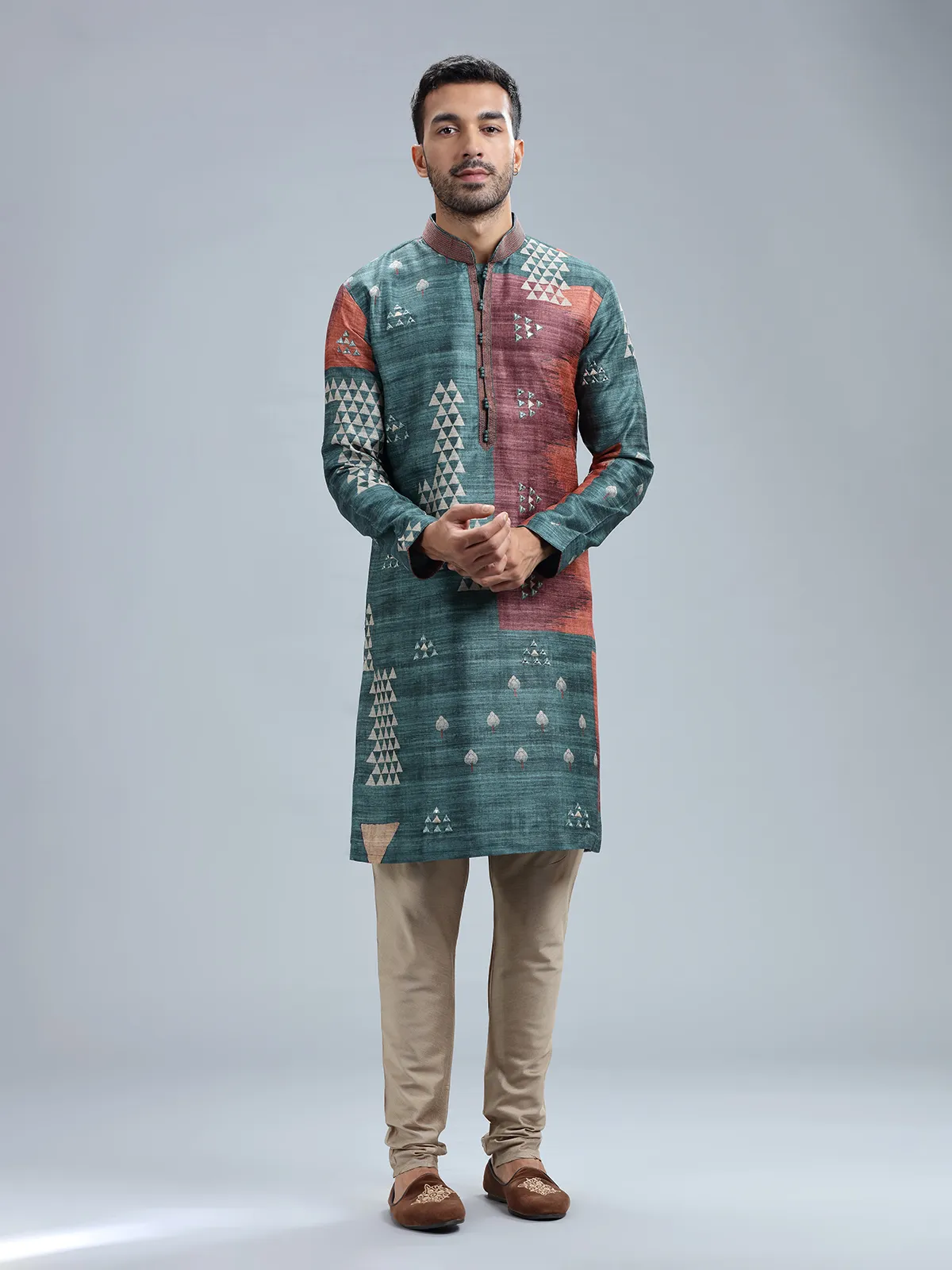 Rama blue cotton silk printed kurta set for men