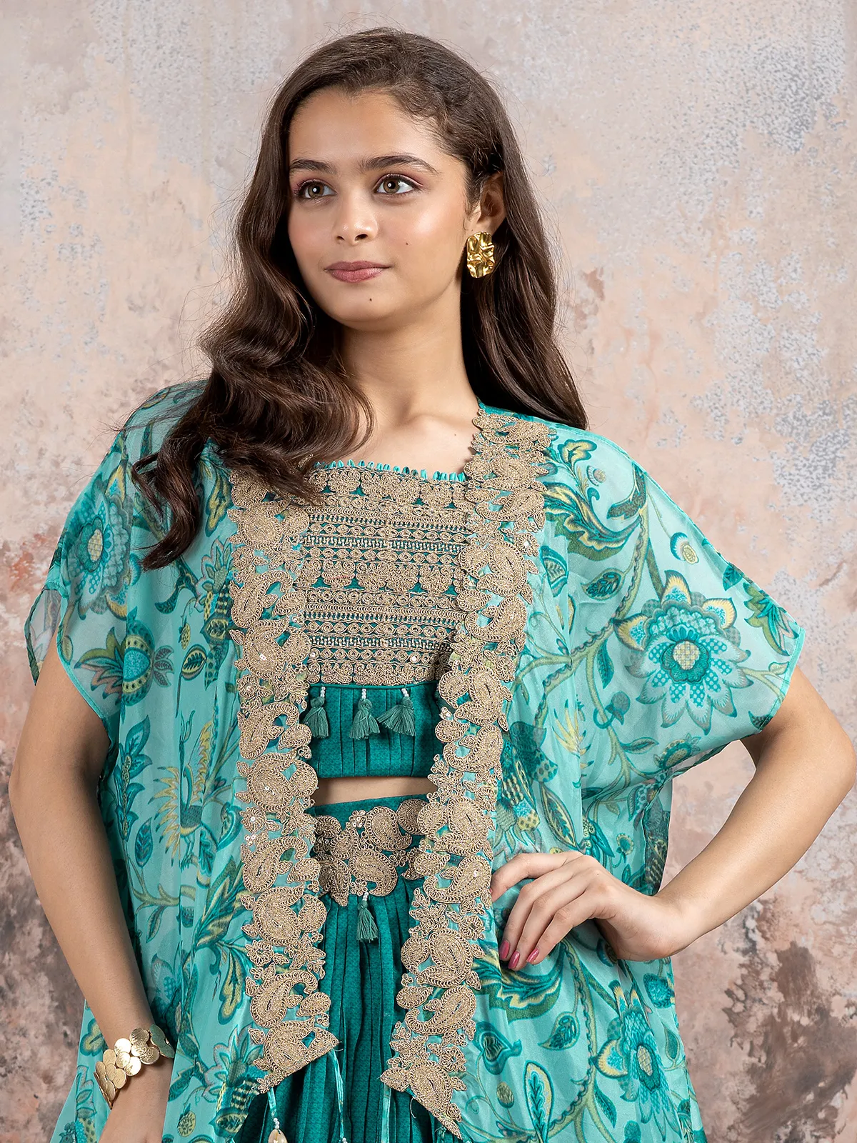 Rama blue georgette lehenga choli with shrug