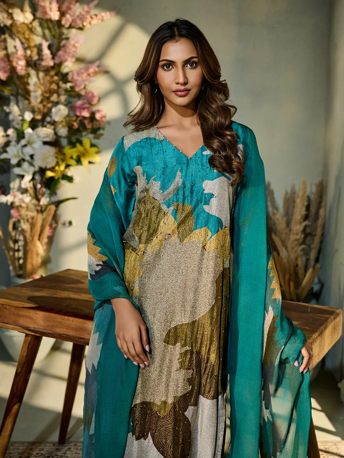 Rama green printed silk kurti set with dupatta