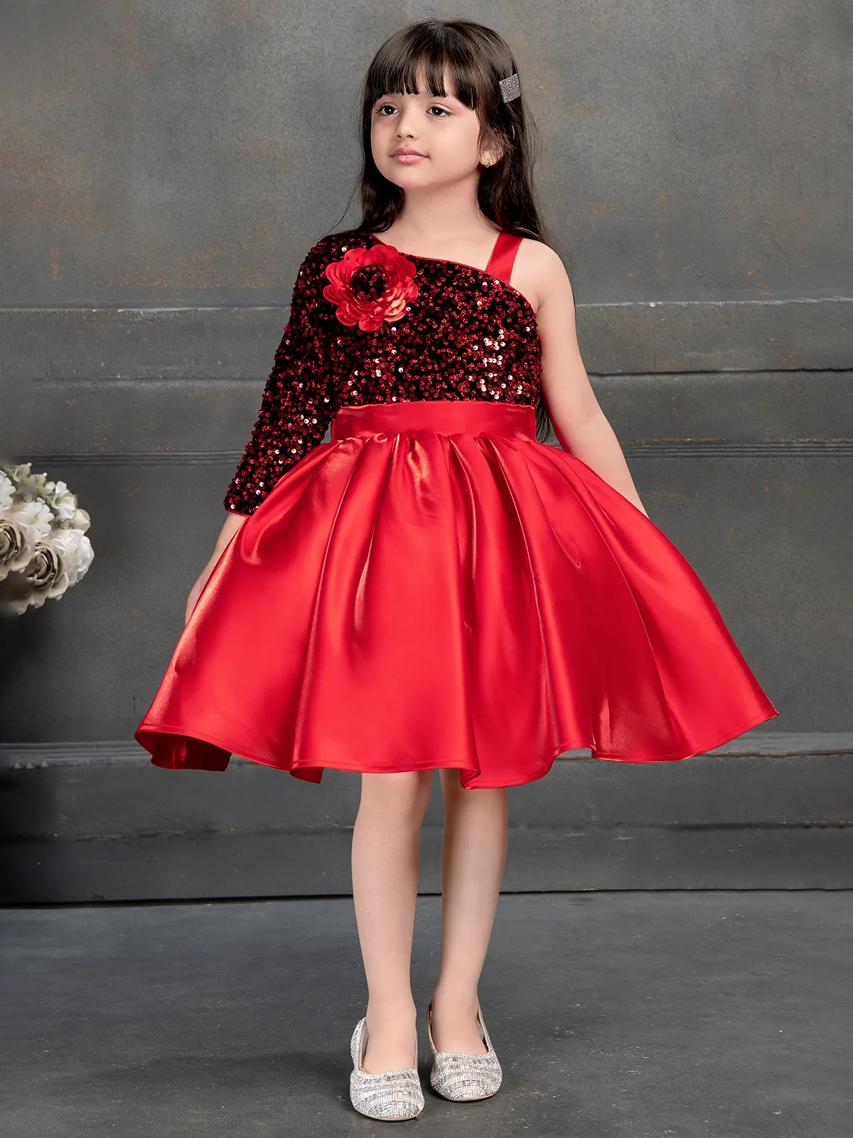 Red satin silk designer frock for party