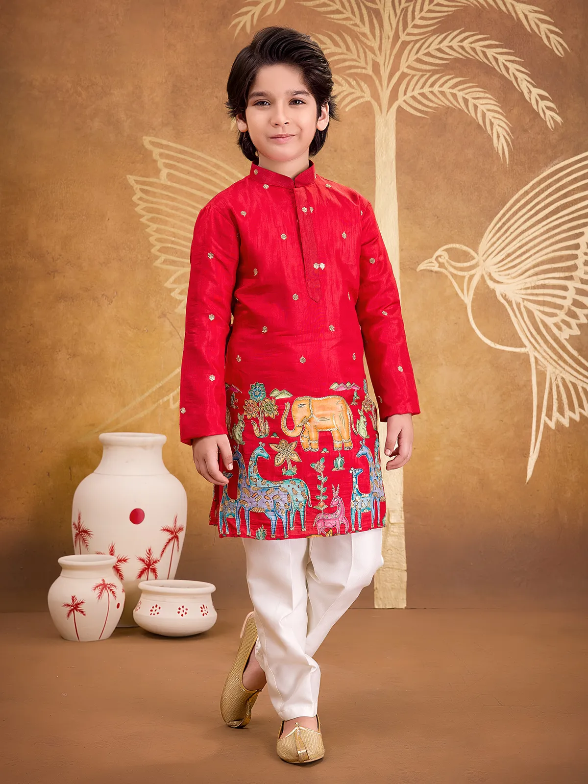 Red silk kurta suit with resham and sequins work