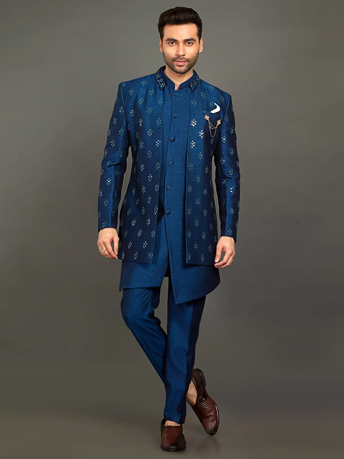 Royal blue hued silk indowestern for men