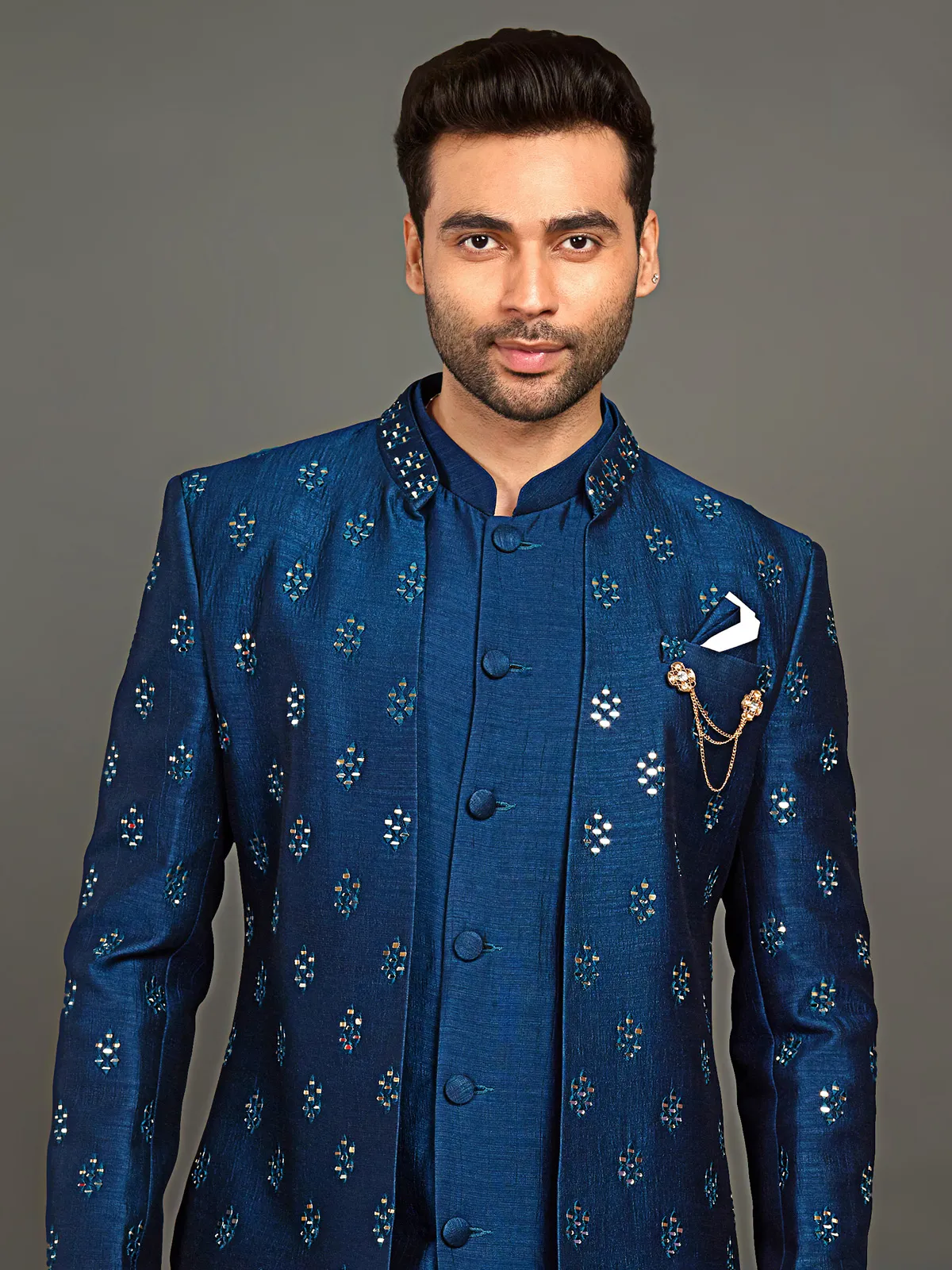 Royal blue hued silk indowestern for men
