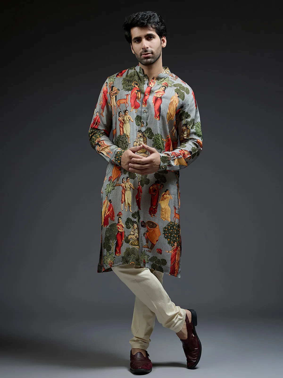 Royal grey silk kurta suit in village theme