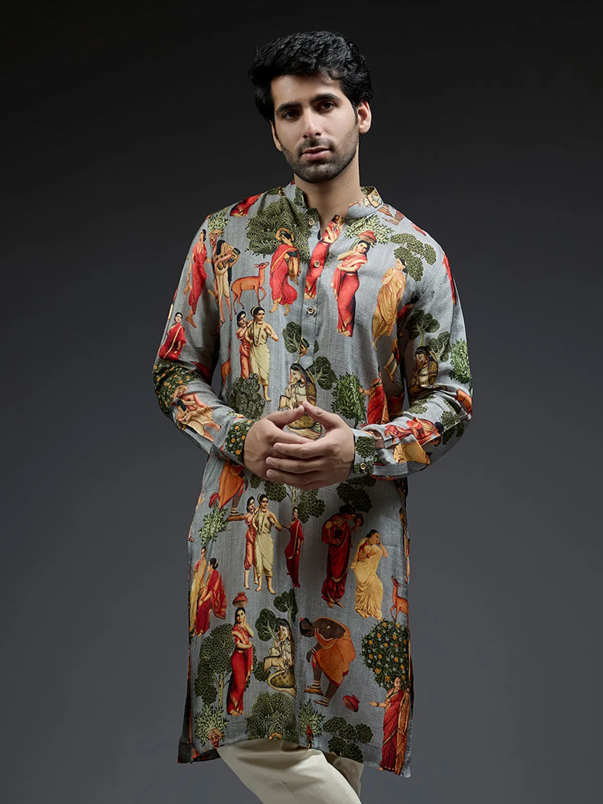 Royal grey silk kurta suit in village theme