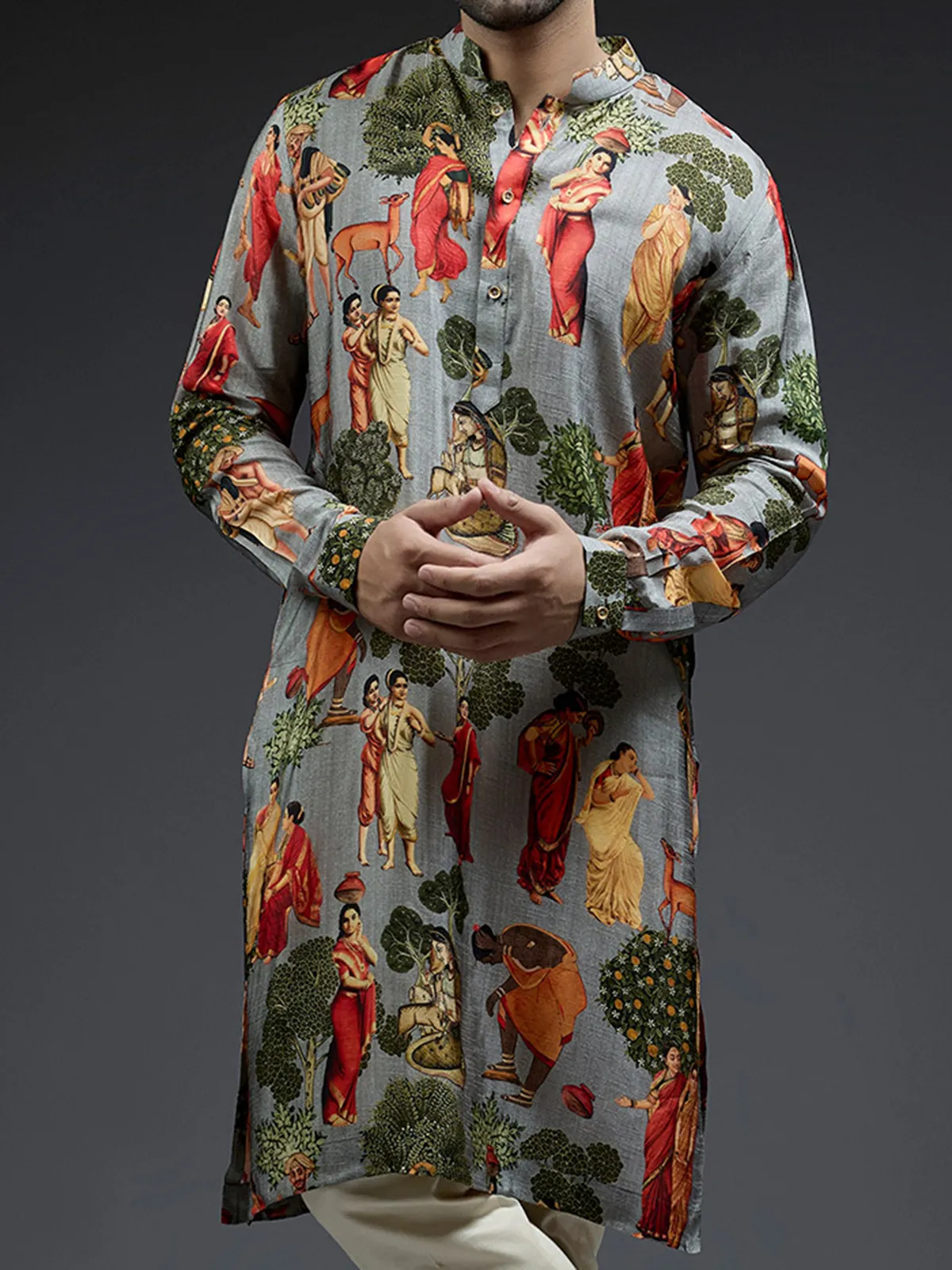 Royal grey silk kurta suit in village theme