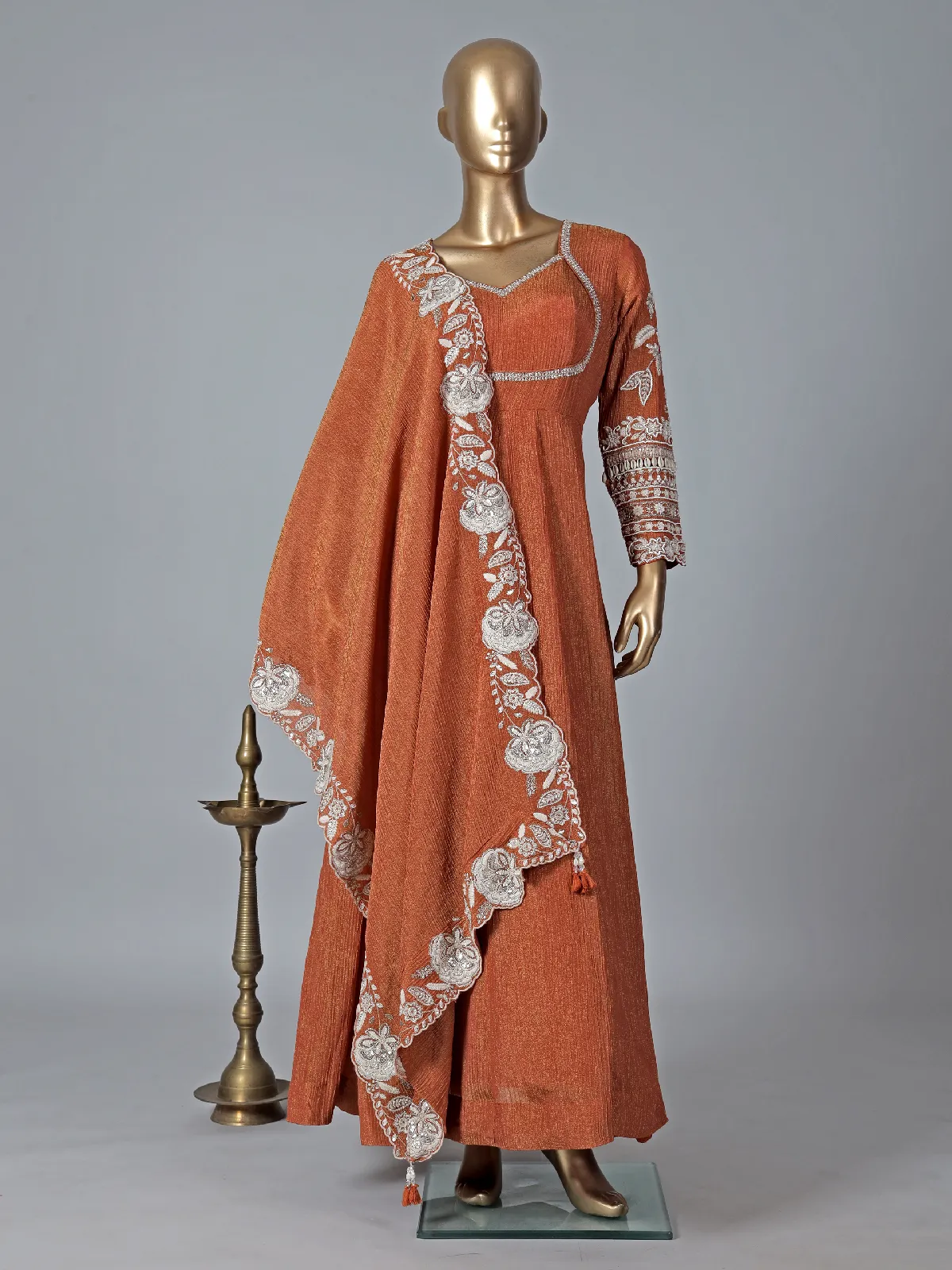 Rust orange silk floor length anarkali suit