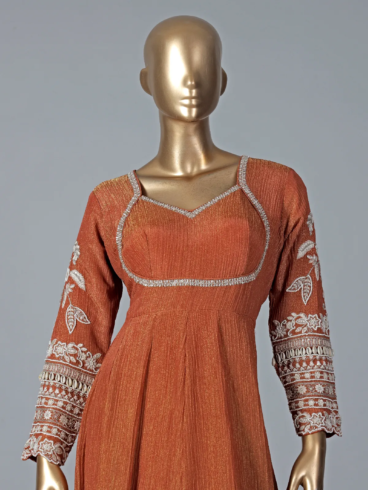 Rust orange silk floor length anarkali suit