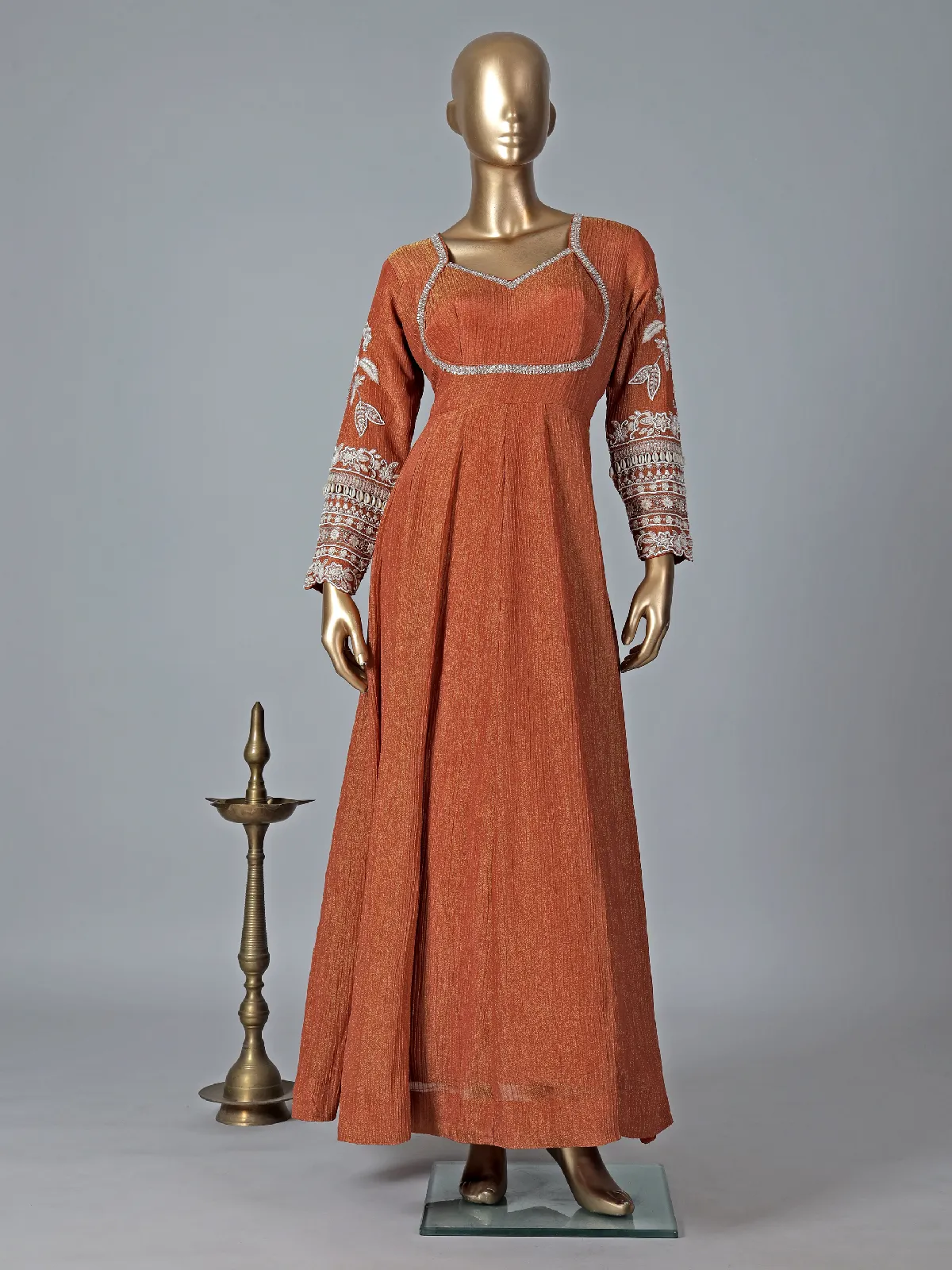 Rust orange silk floor length anarkali suit