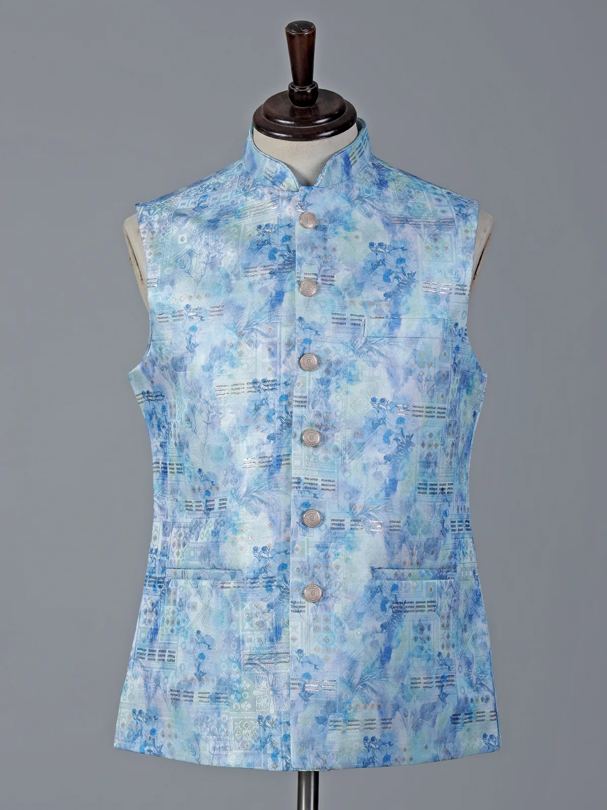 Sky blue brocade waistcoat with zari touch