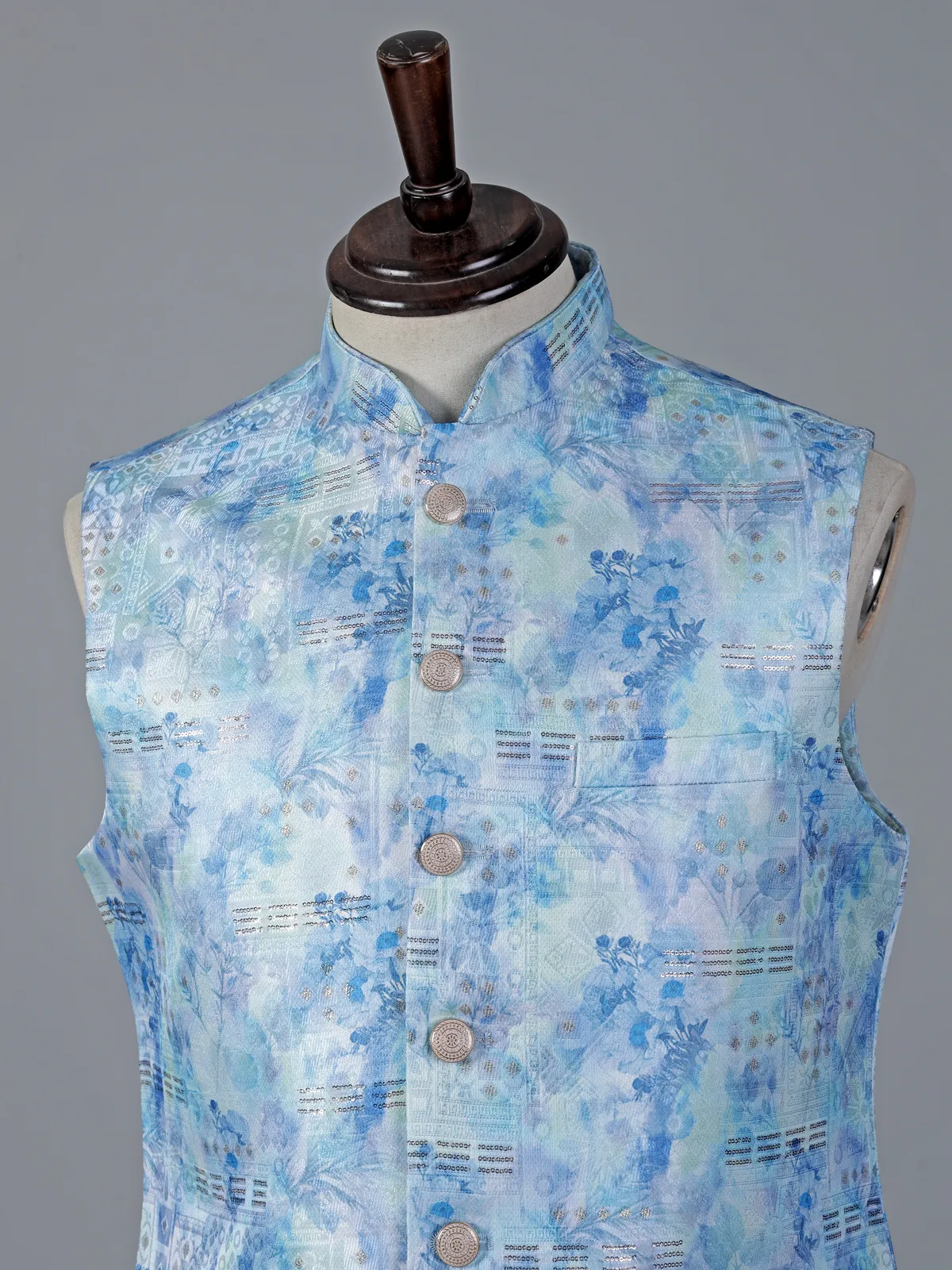 Sky blue brocade waistcoat with zari touch