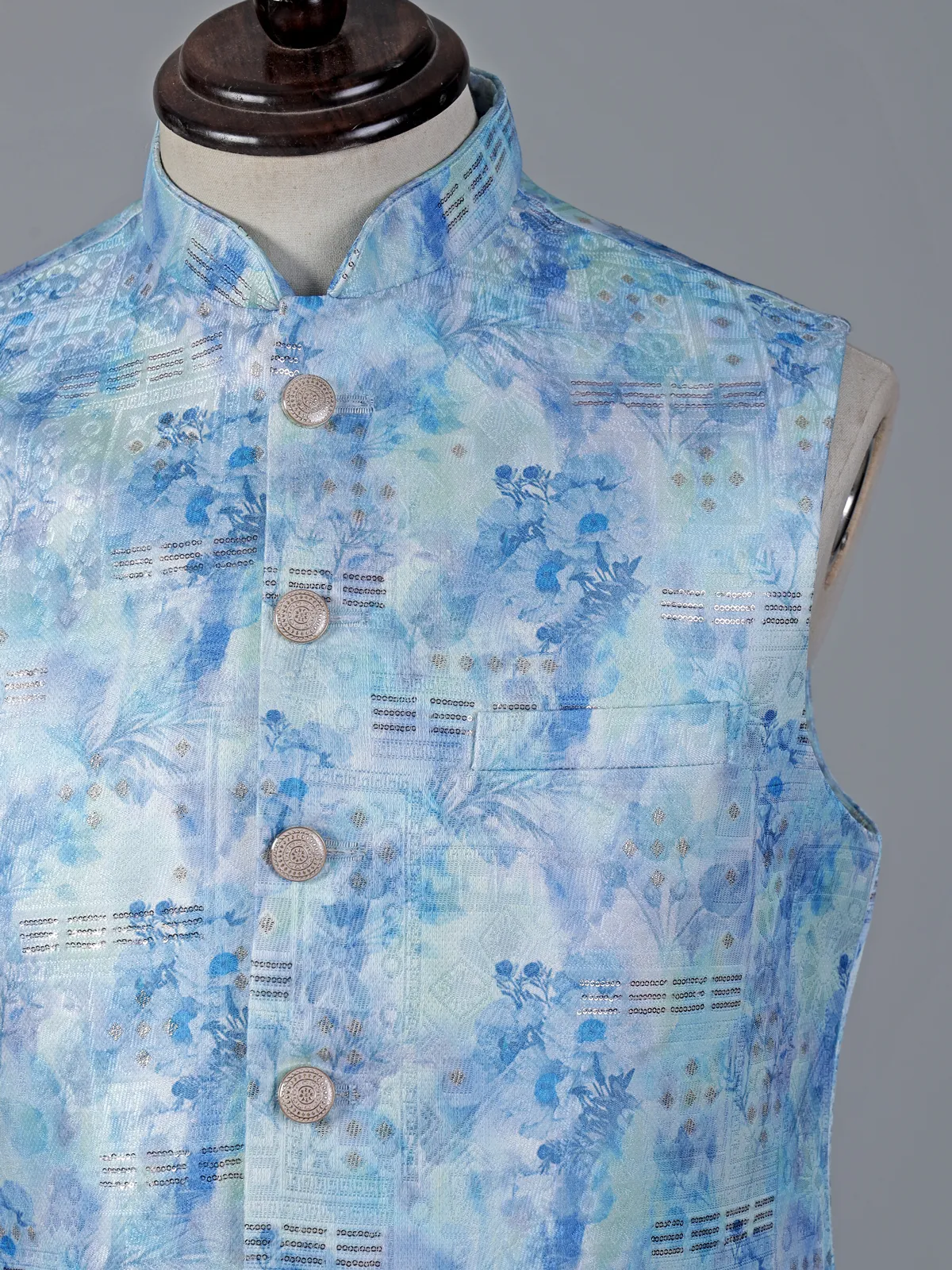 Sky blue brocade waistcoat with zari touch