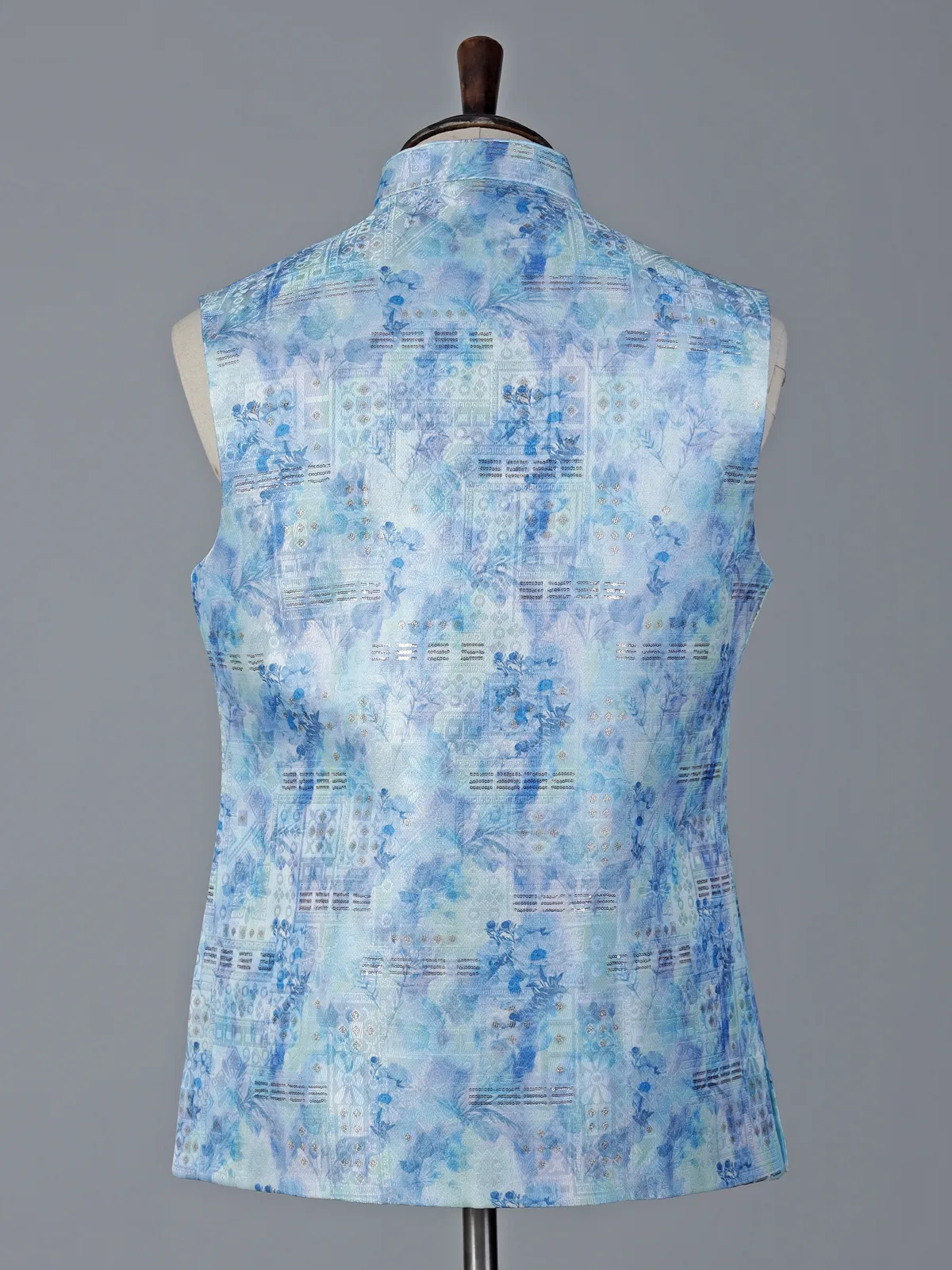 Sky blue brocade waistcoat with zari touch