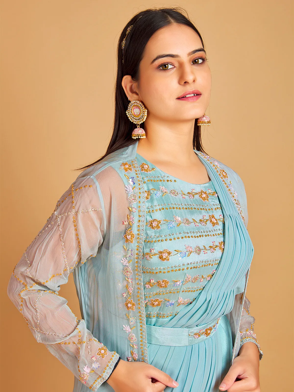 Sky blue silk jacket style floor length suit