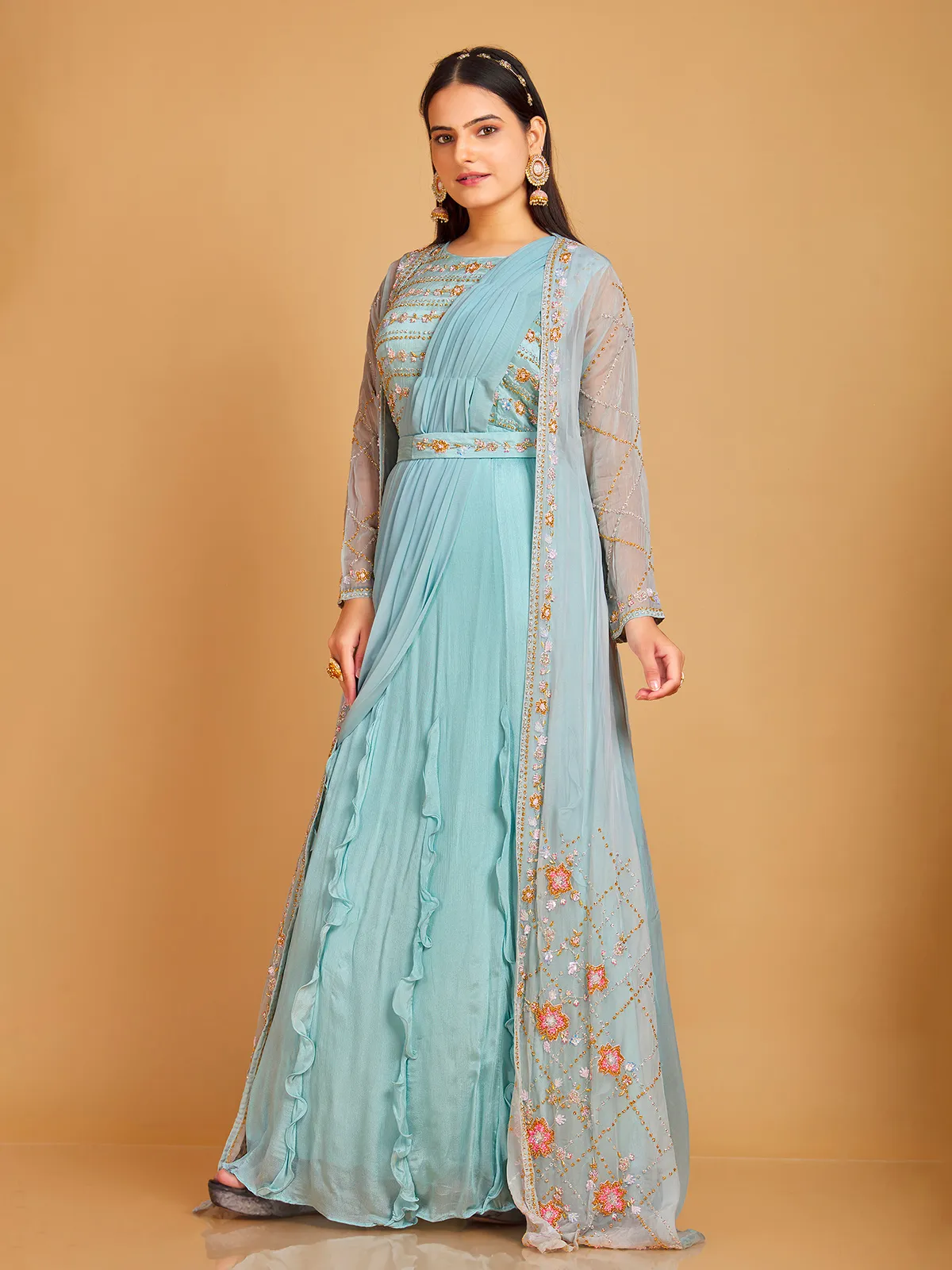 Sky blue silk jacket style floor length suit