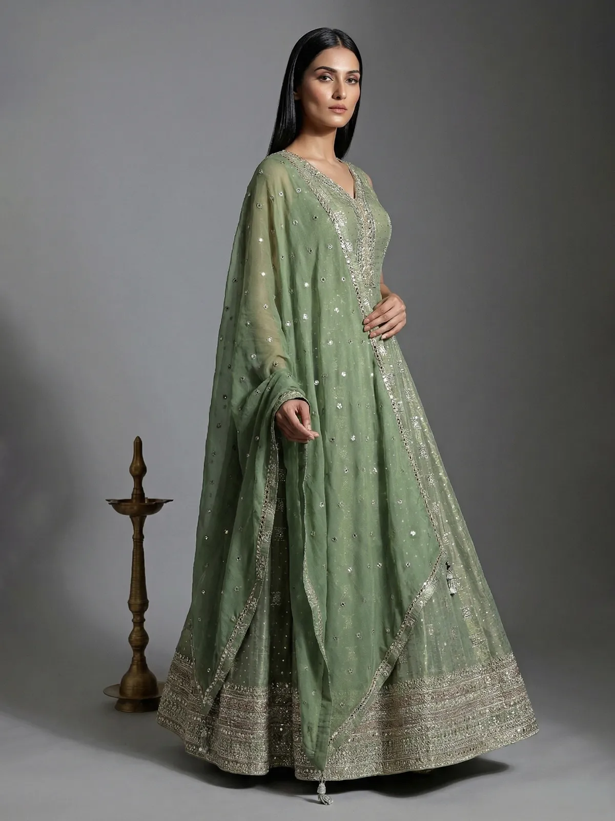 Stylish sage green silk anarkali suit