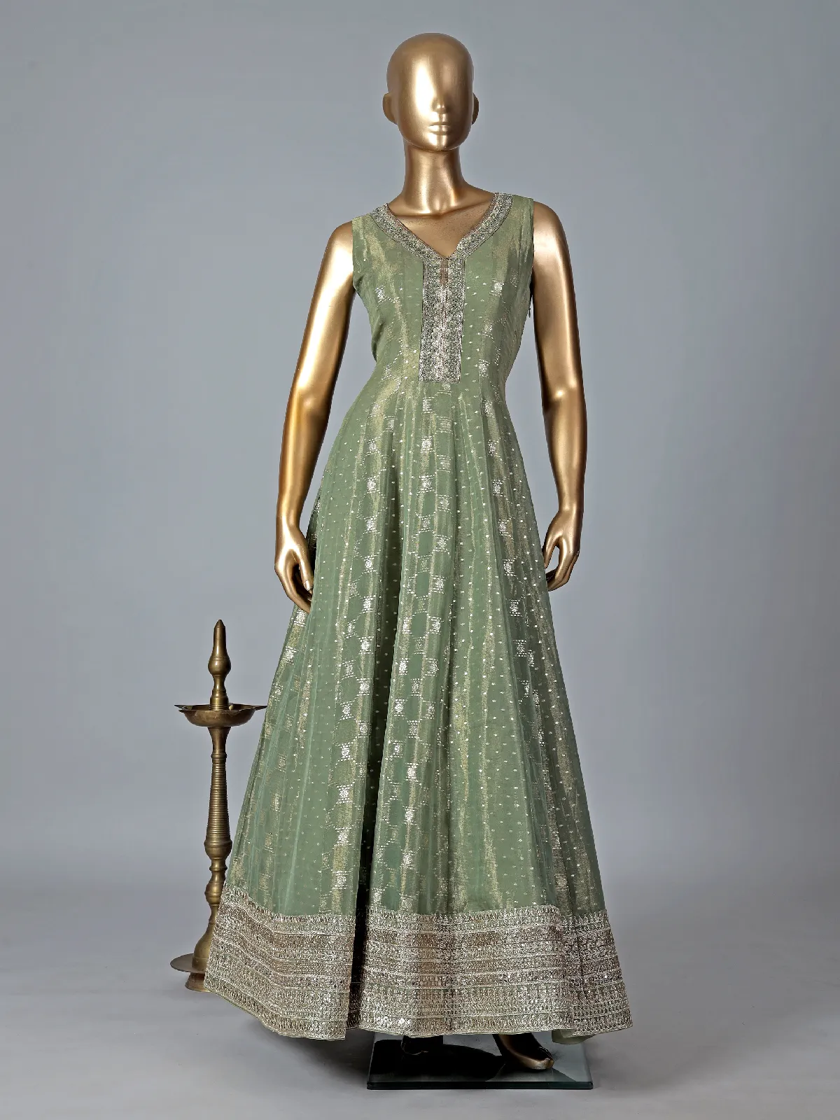 Stylish sage green silk anarkali suit