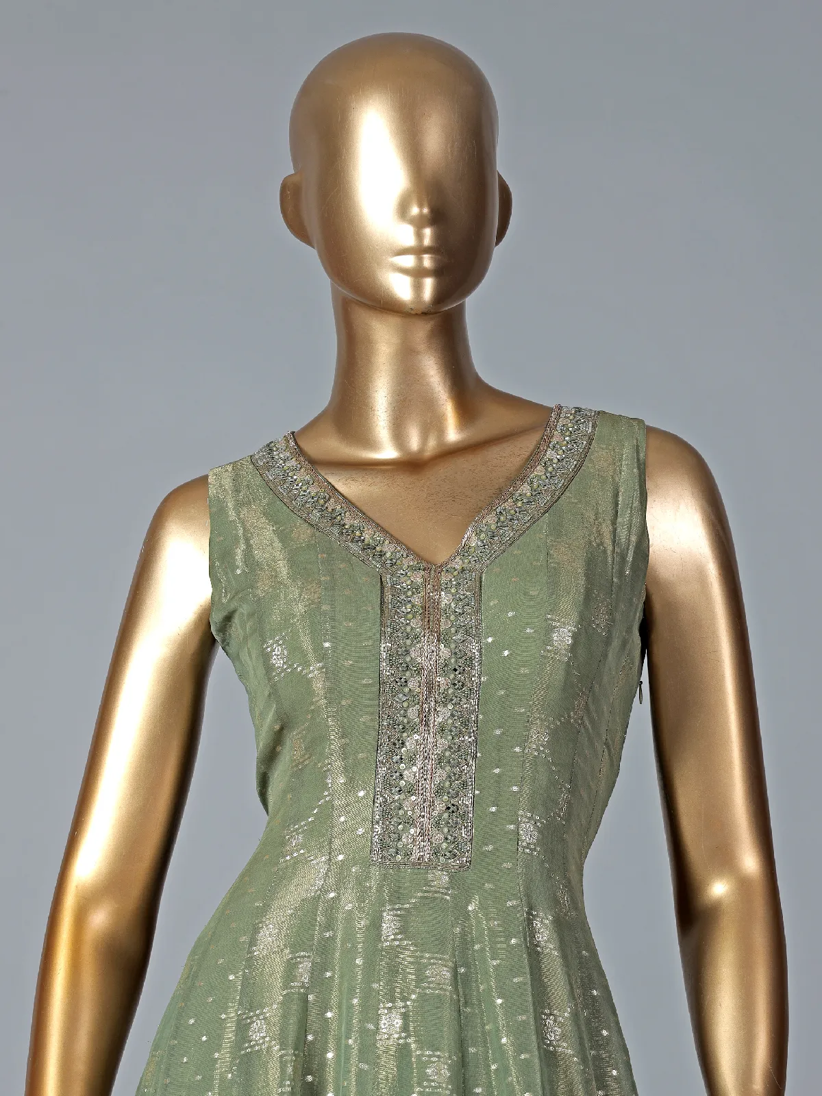 Stylish sage green silk anarkali suit